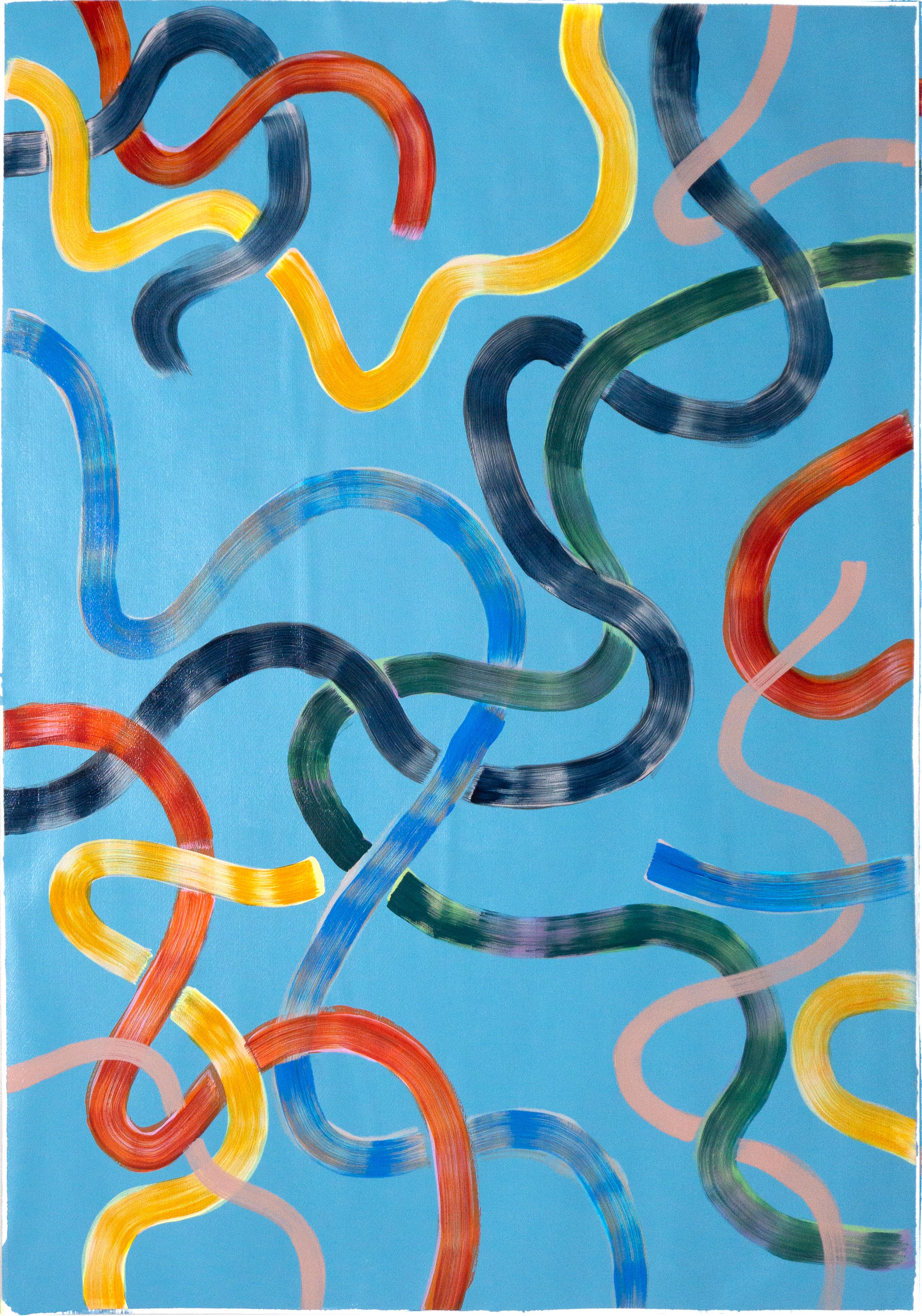 Vivid Primary Colors on Turquoise, CMYK Abstract Painting, Gestures Triptych - Blue Still-Life Painting by Natalia Roman