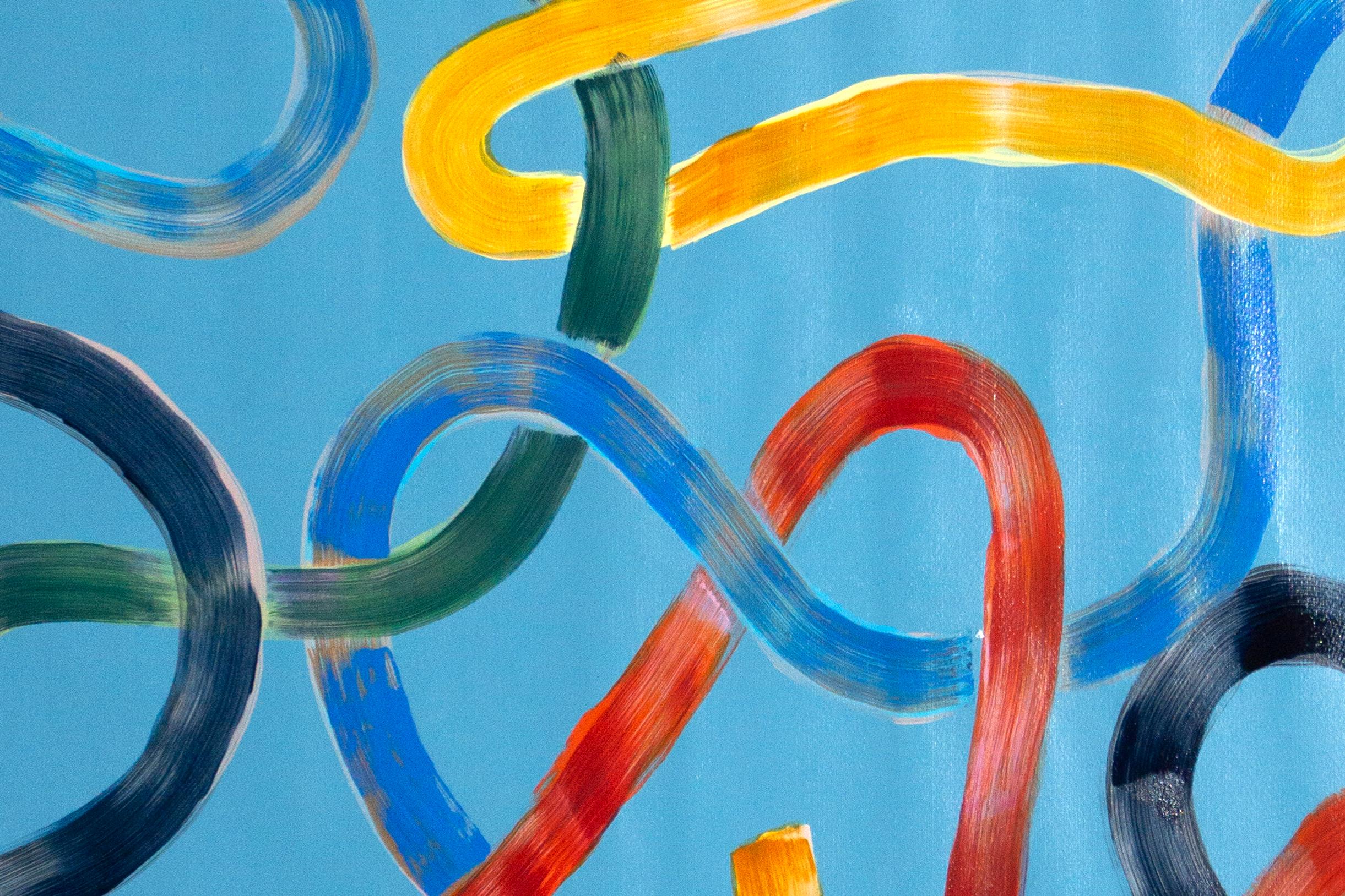 Vivid Primary Colors on Turquoise, CMYK Abstract Painting, Gestures Triptych 3