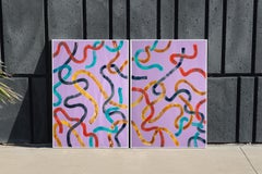 Abstract Diptych of Vibrant Yellow Strokes on Violet, Contemporary Painting