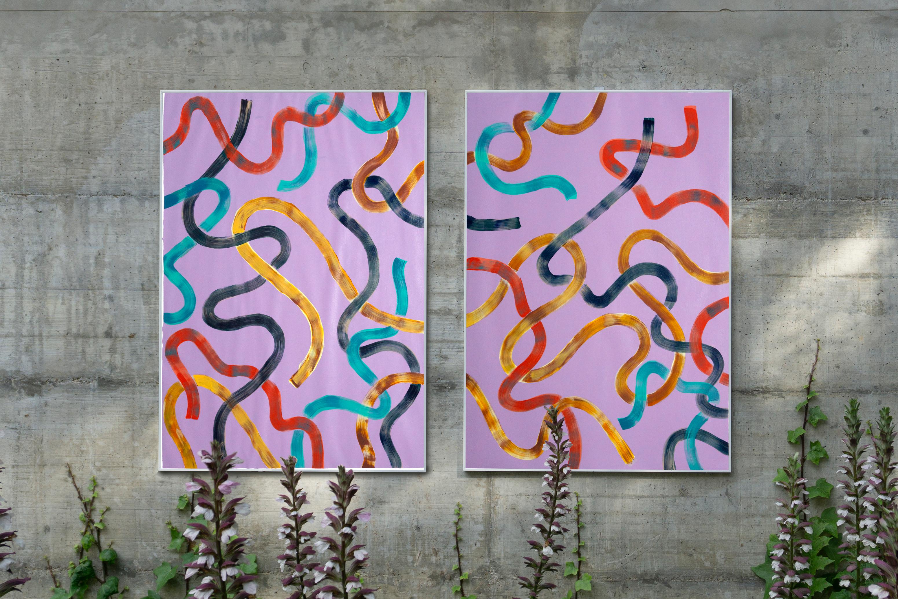 Abstraktes Diptychon mit lebhaften gelben Schleifen auf Violett, zeitgenössisches Gemälde im Angebot 3