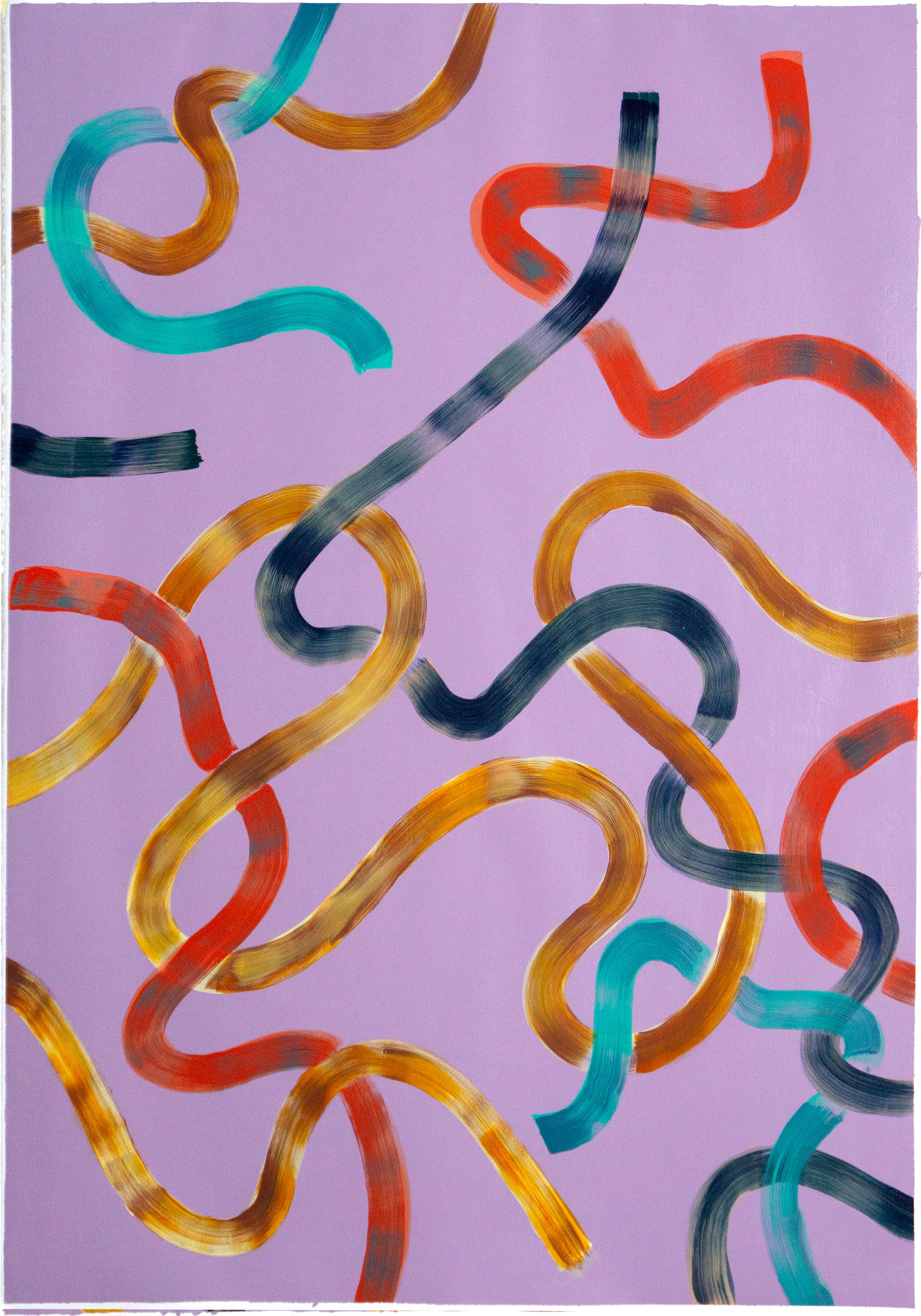 Abstraktes Diptychon mit lebhaften gelben Schleifen auf Violett, zeitgenössisches Gemälde im Angebot 1