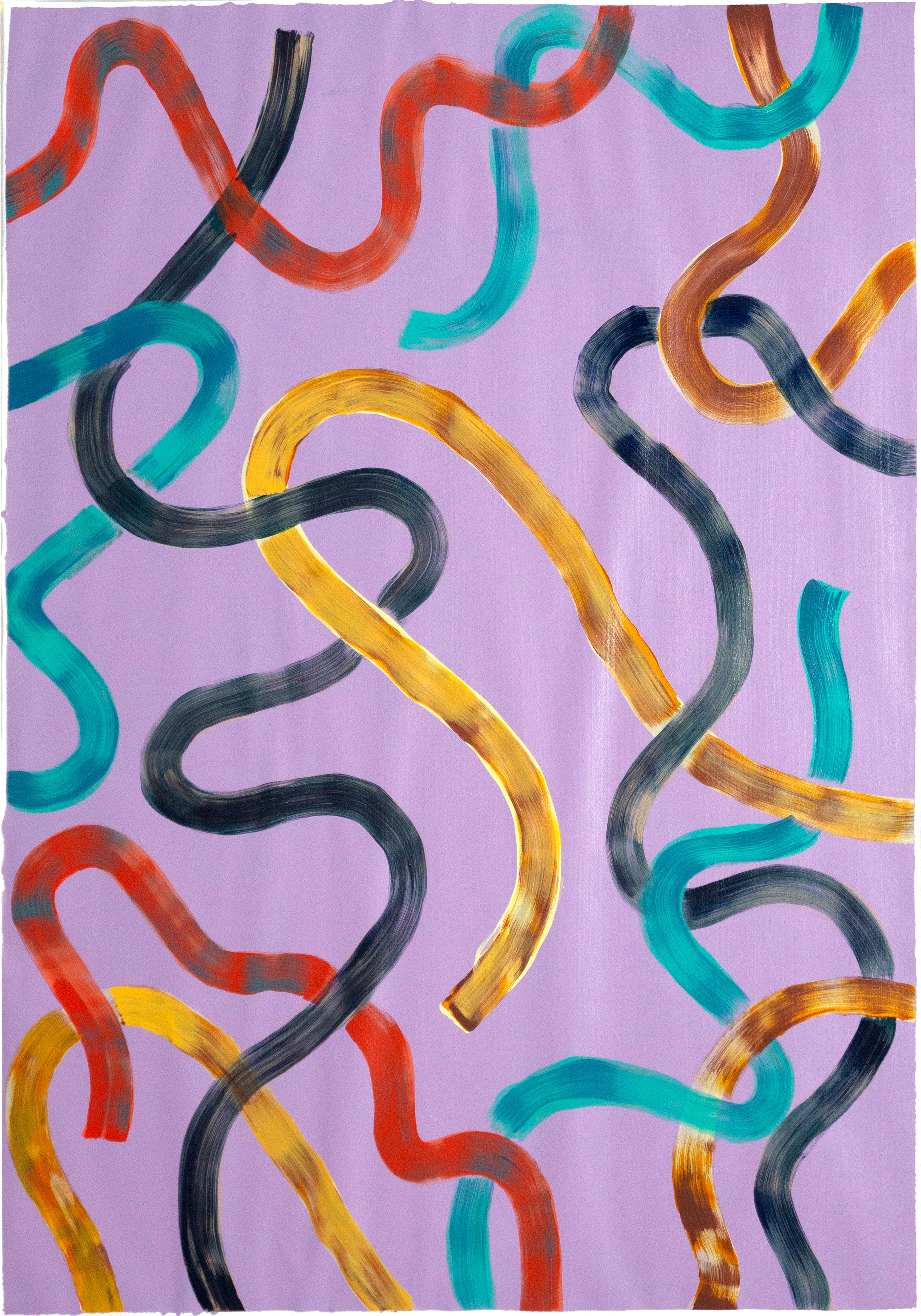 Abstraktes Diptychon mit lebhaften gelben Schleifen auf Violett, zeitgenössisches Gemälde im Angebot 2