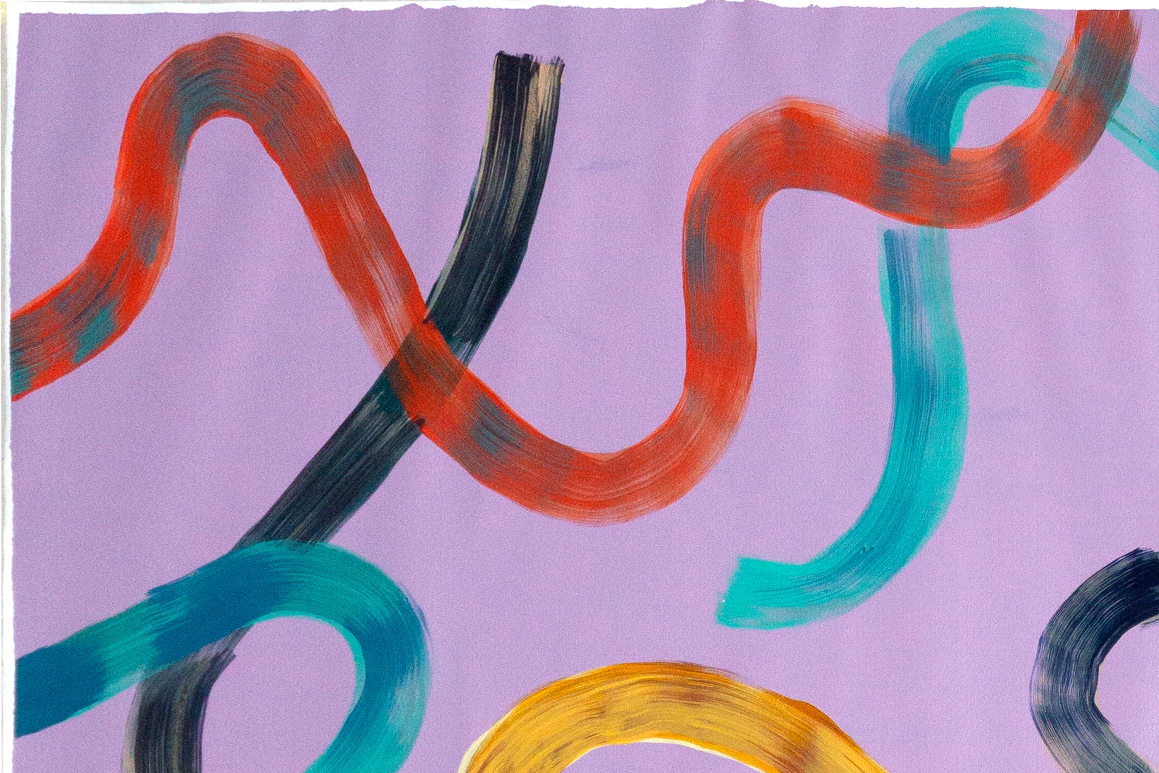 Diptyque abstrait de tourbillons jaunes vibrants sur violet, peinture contemporaine en vente 3