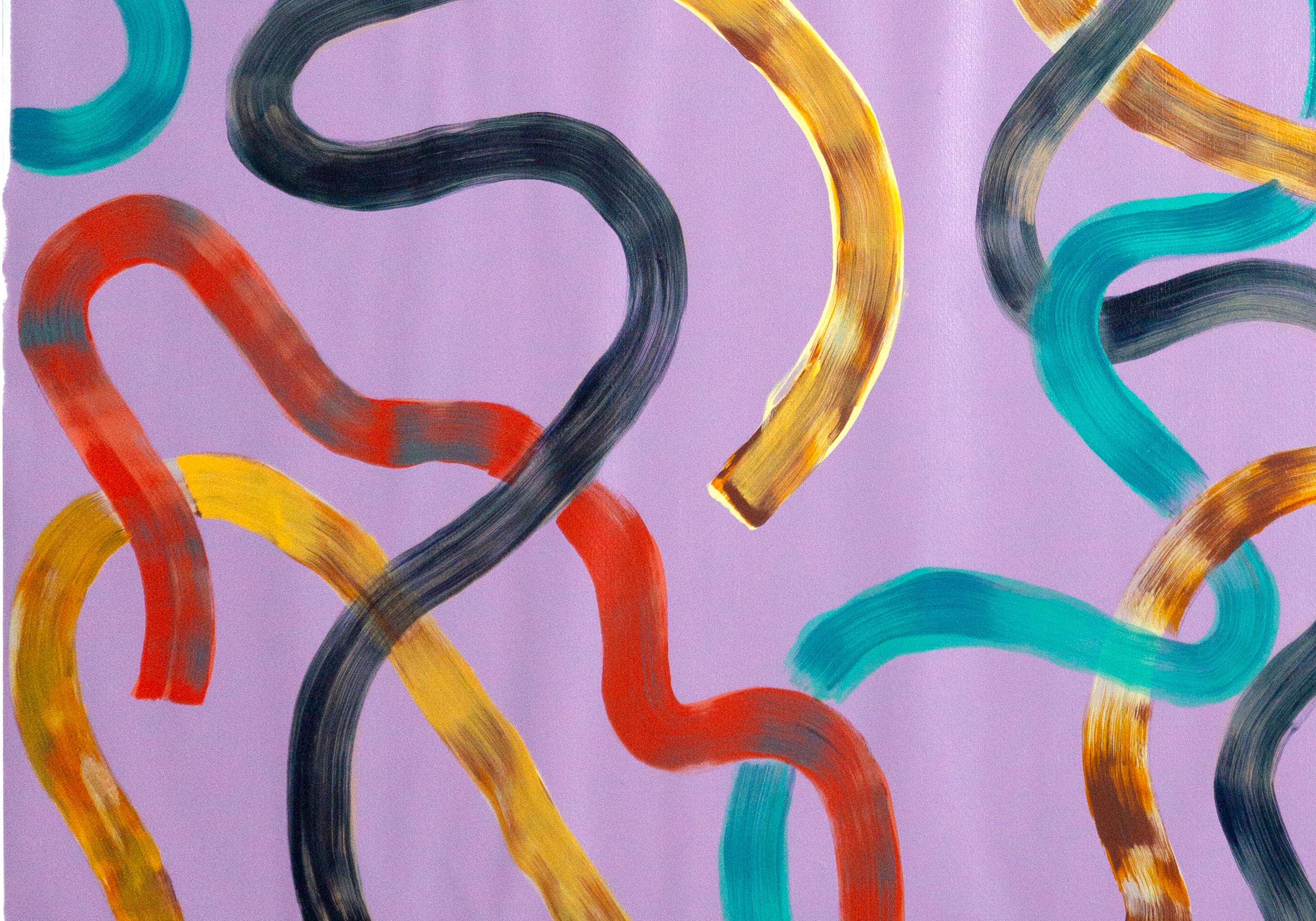 Abstraktes Diptychon mit lebhaften gelben Schleifen auf Violett, zeitgenössisches Gemälde im Angebot 7