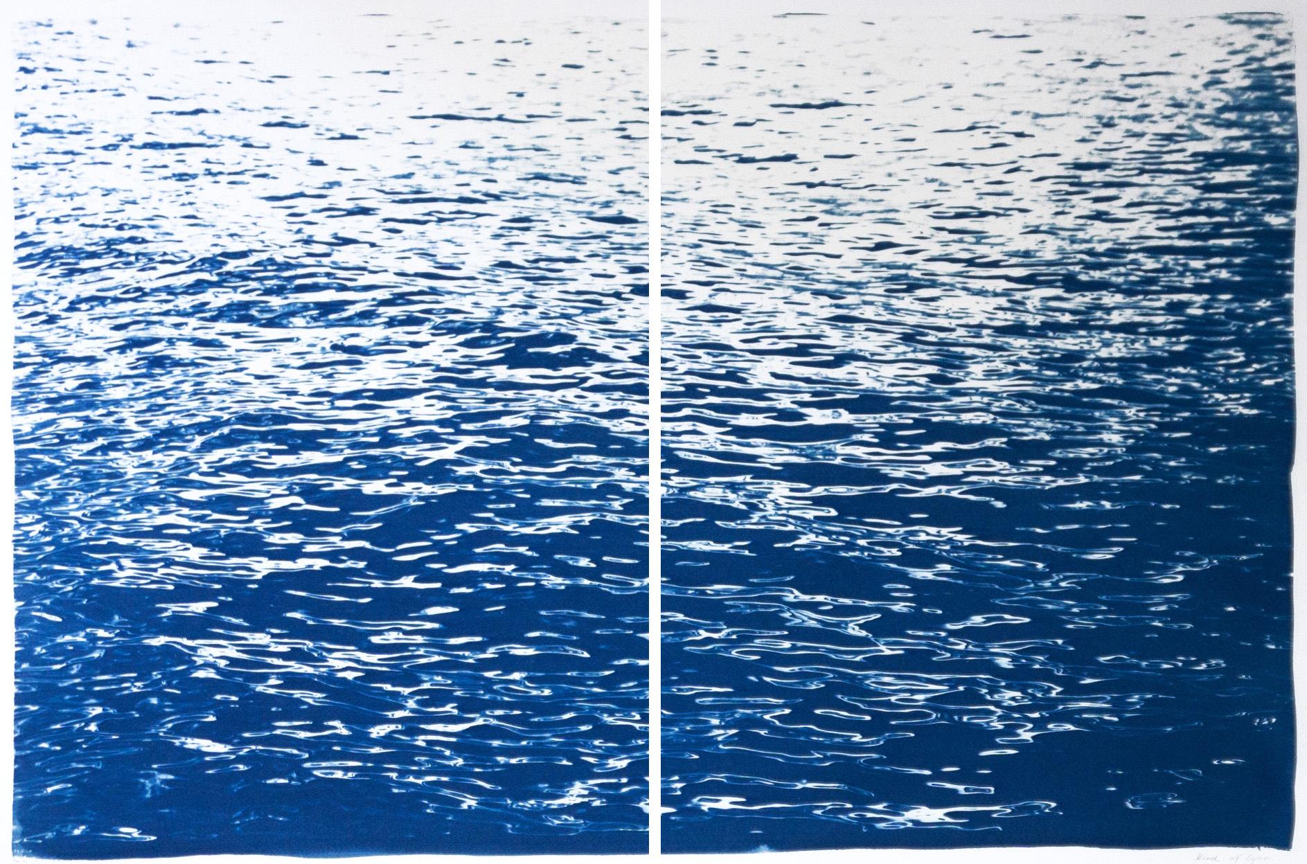Abstract Large Seascape Diptych of Low Tide, Nautical Cyanotype, Classic Blue  