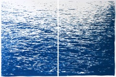 Grand diptyque abstrait de paysage marin en daim bas, cyanotype nautique, bleu classique  