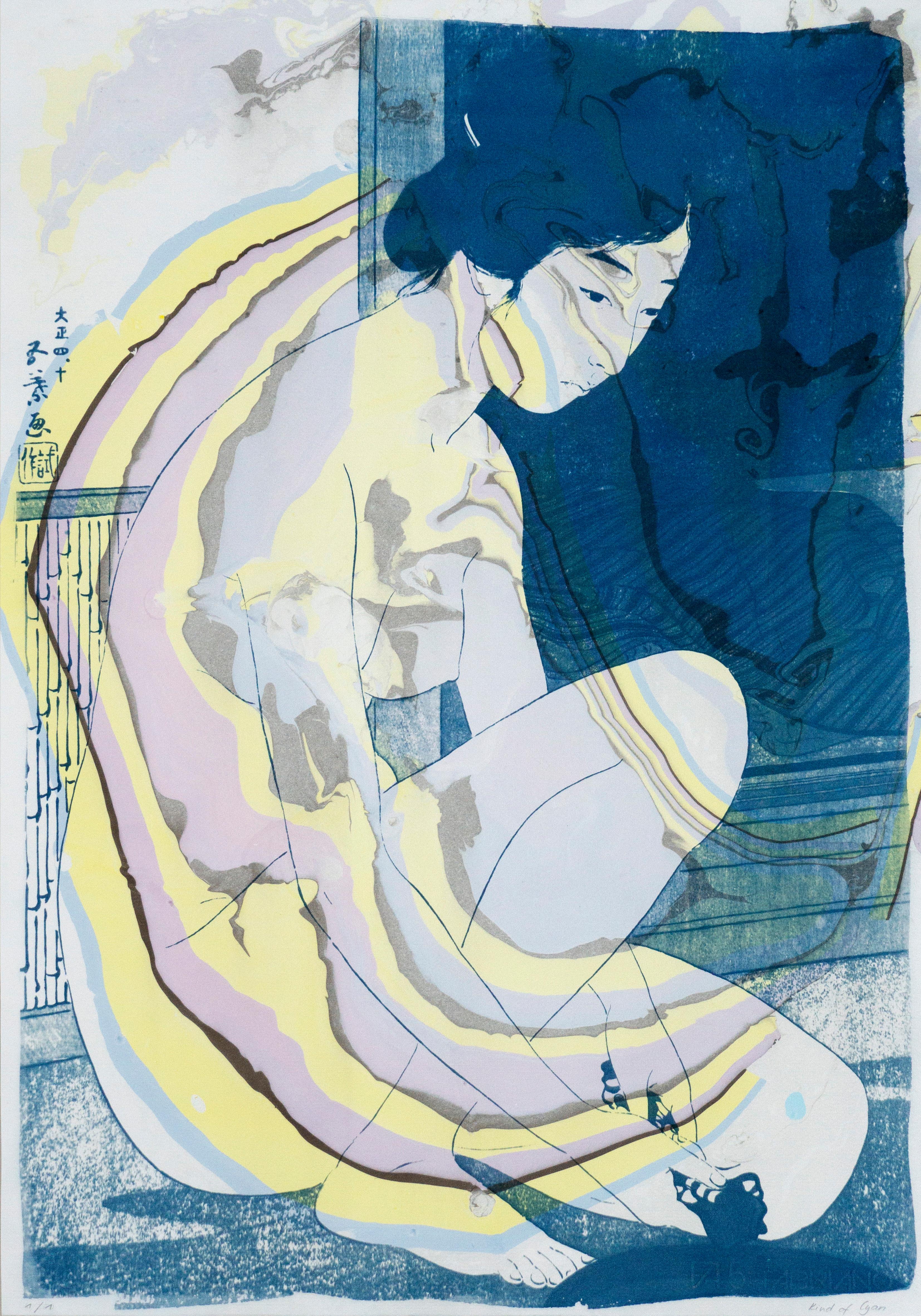 Kind of Cyan Nude - Hashiguchi Goyo Inspired Japanese Cyanotype with Yellow & Purple Marbling, Sumi 