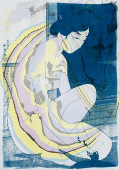 Hashiguchi Goyo Inspired Japanese Cyanotype with Yellow & Purple Marbling, Sumi 