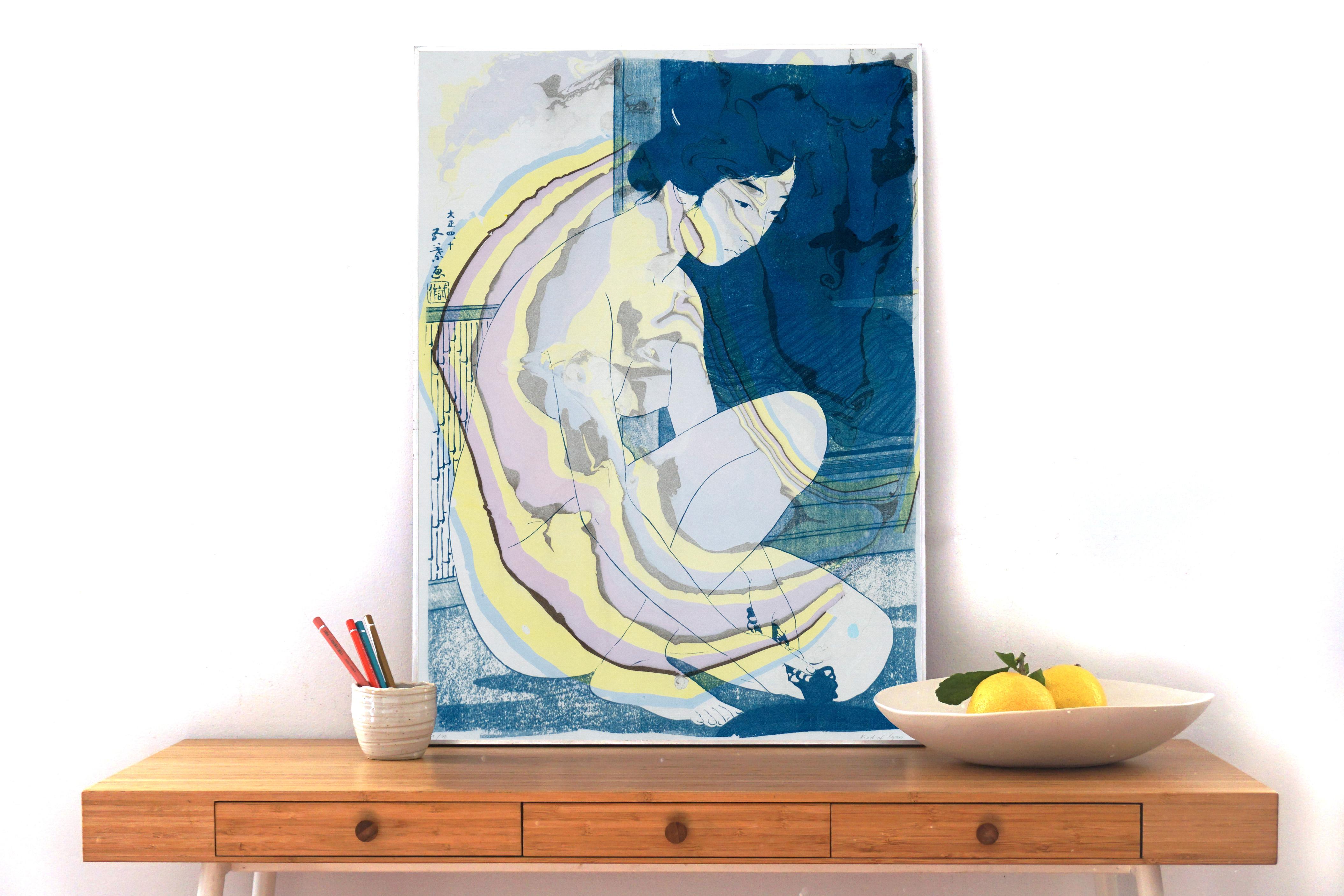 Hashiguchi Goyo Inspired Japanese Cyanotype with Yellow & Purple Marbling, Sumi  - Art by Kind of Cyan