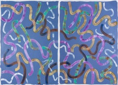 Peinture abstraite à l'acrylique indigo de formes organiques brillantes, diptyque coloré