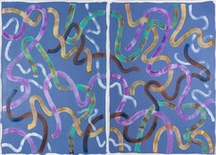 Abstract Indigo Acrylic Painting of Glowing Organic Shapes, Colorful Diptych 