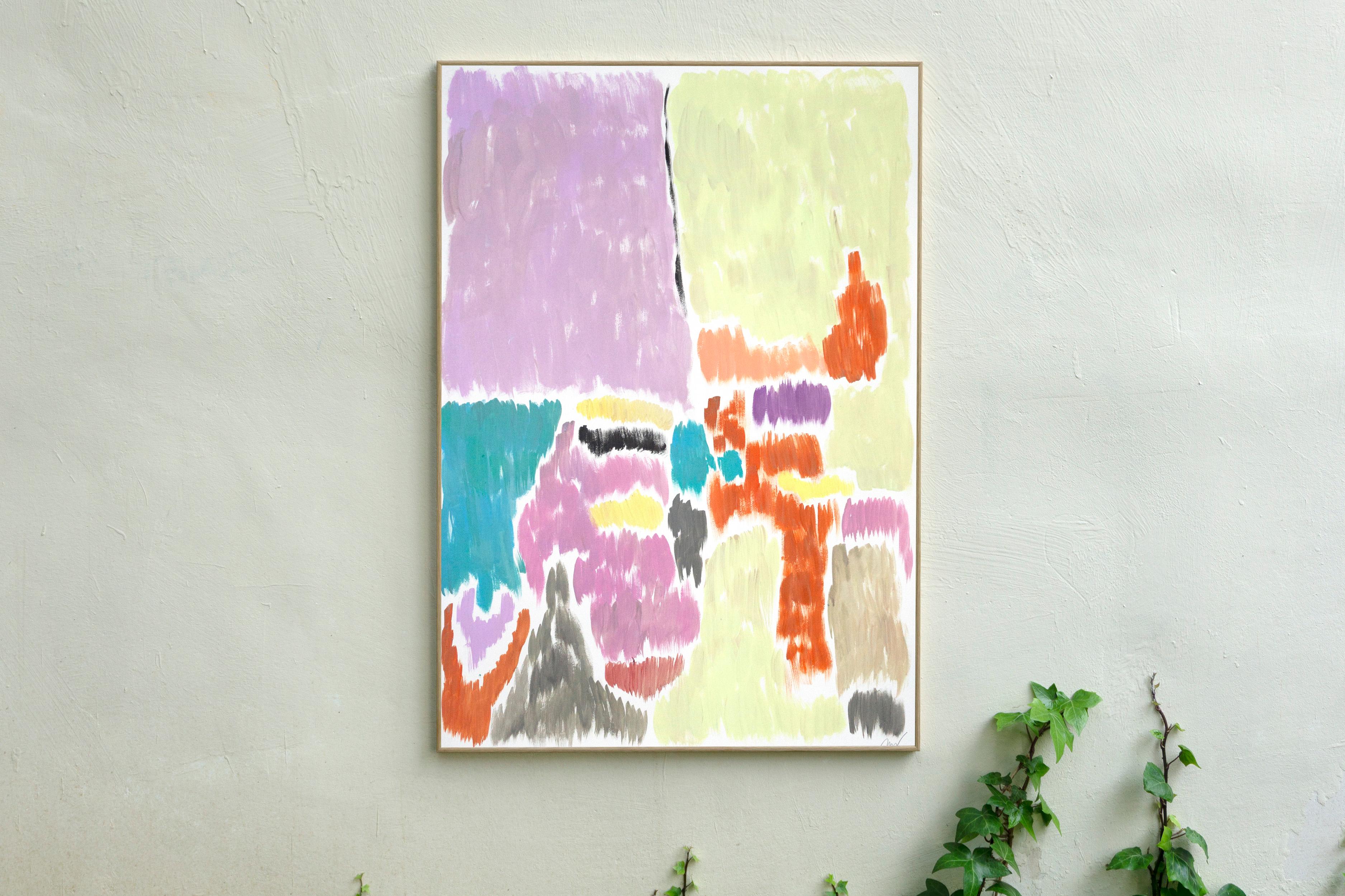 Pistachio and Mauve Blurry Interiors, Art Deco Painting, Abstract Pastel Tones - Beige Interior Painting by Natalia Roman