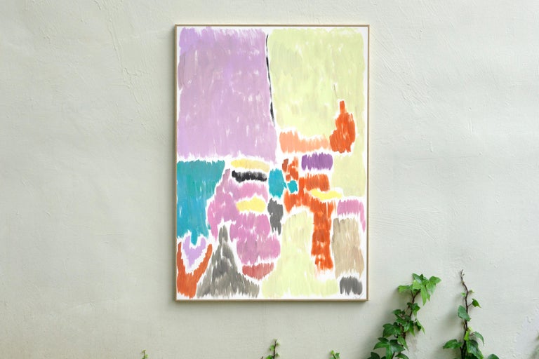 Pistachio and Mauve Blurry Interiors, Art Deco Painting, Abstract Pastel Tones  For Sale 2