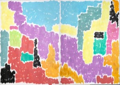 Leaving the City, Art Deco Painting of Abstract Vivid Shapes, Coral and Green