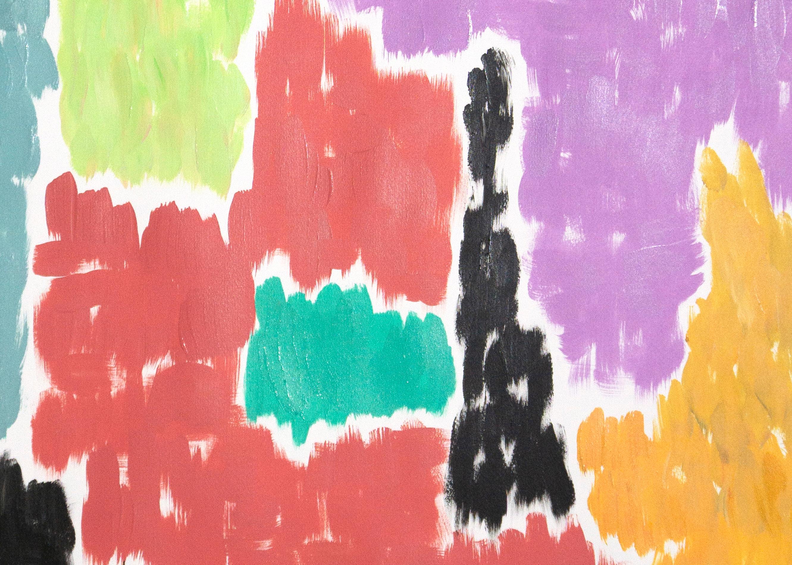 Leaving the City, Art Deco Painting of Abstract Vivid Shapes, Coral and Green  3