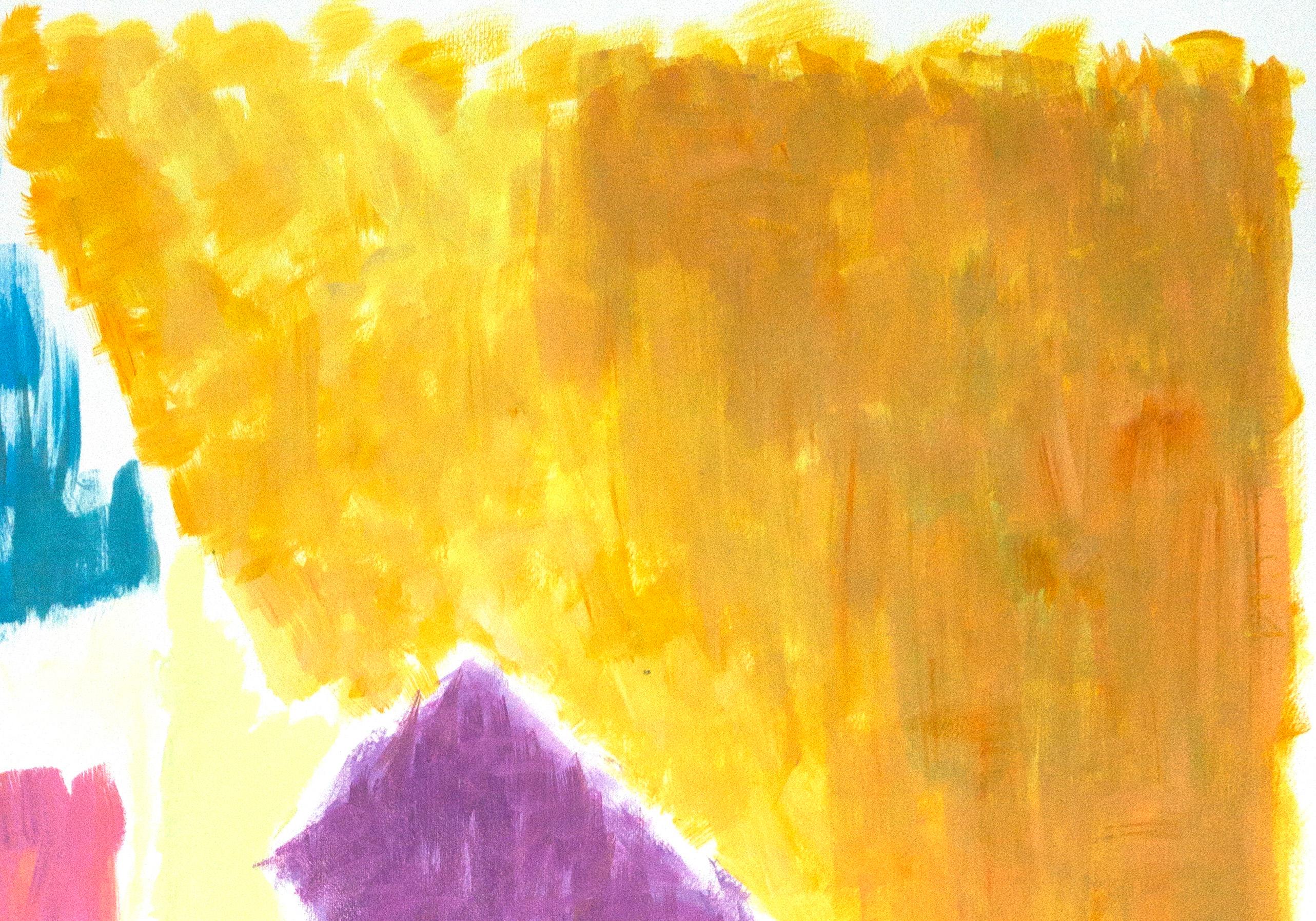 Paysage géométrique au pastel, peinture contemporaine sur papier, inspiration des années 70 - Orange Abstract Painting par Natalia Roman