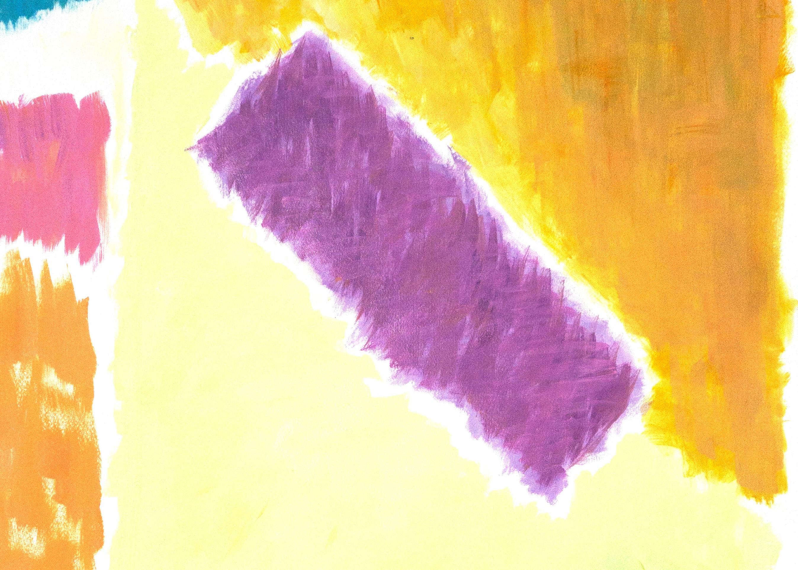 Geometrische Landschaft in Pastell, zeitgenössisches Gemälde auf Papier, 70er Jahre Inspiration (Orange), Abstract Painting, von Natalia Roman