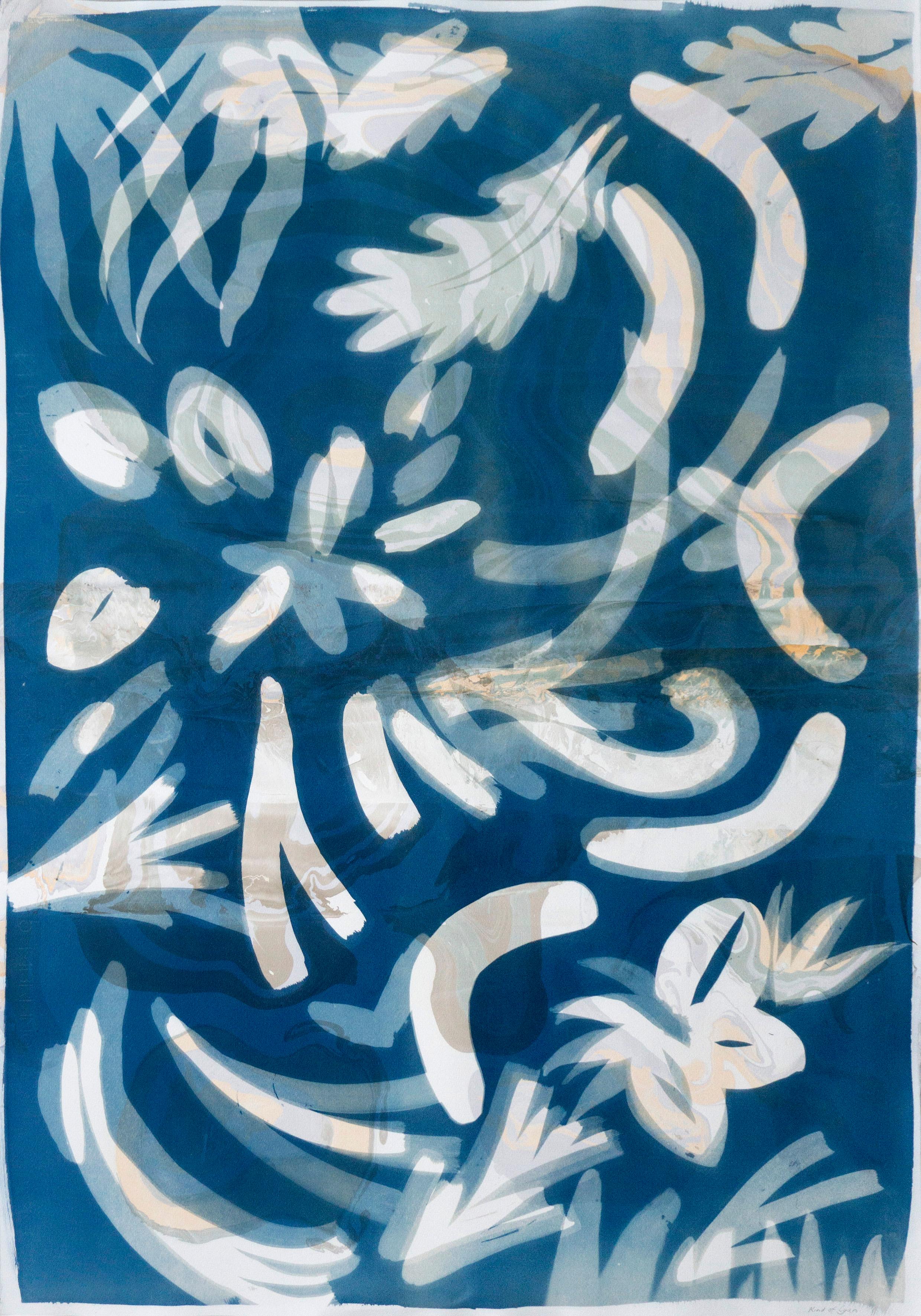 Botanical Cyanotype of Floating Floral Forms, Unique Monotype, Classy Marbling 
