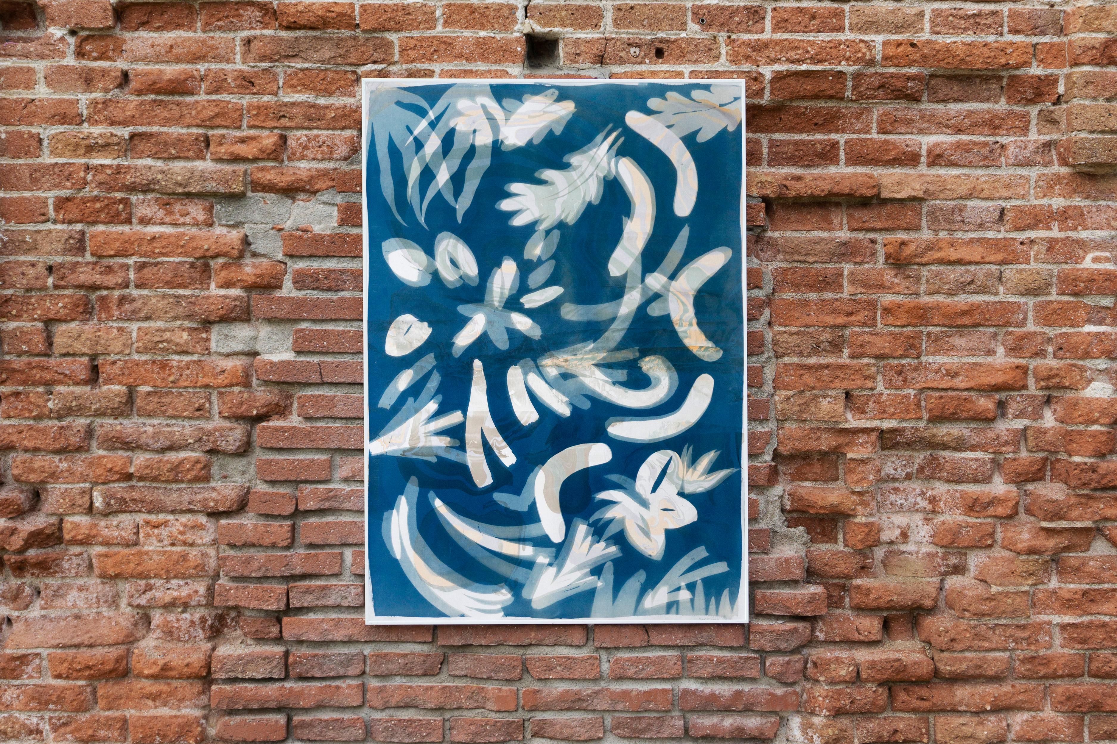 Botanical Cyanotype of Floating Floral Forms, Unique Monotype, Classy Marbling  - Painting by Kind of Cyan