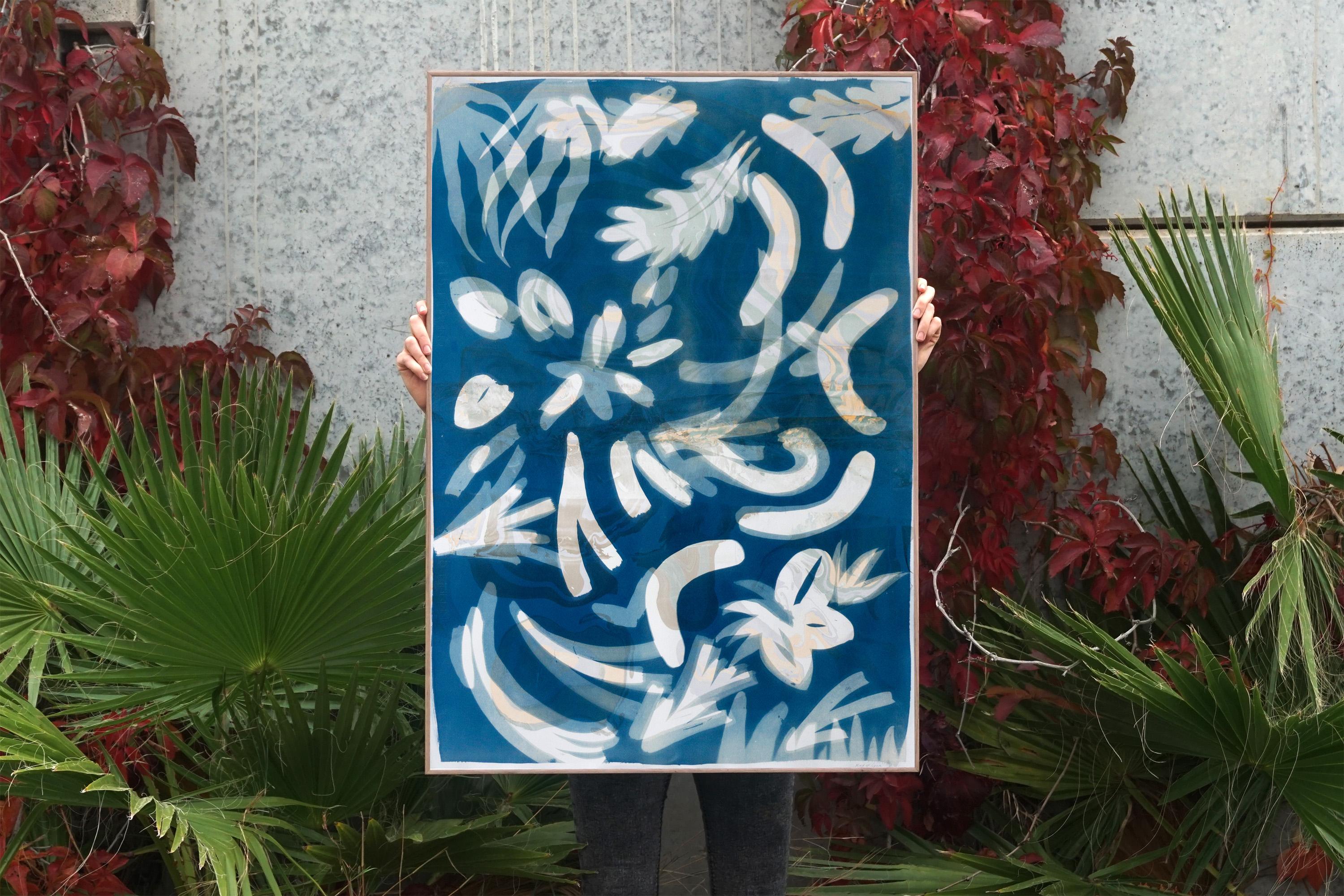 Botanical Cyanotype of Floating Floral Forms, Unique Monotype, Classy Marbling  - Blue Still-Life Painting by Kind of Cyan