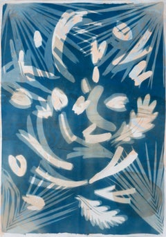 Tropical Leaves Cyanotype, Botanical Mixed Media, Marbling Layer, Blue, Beige