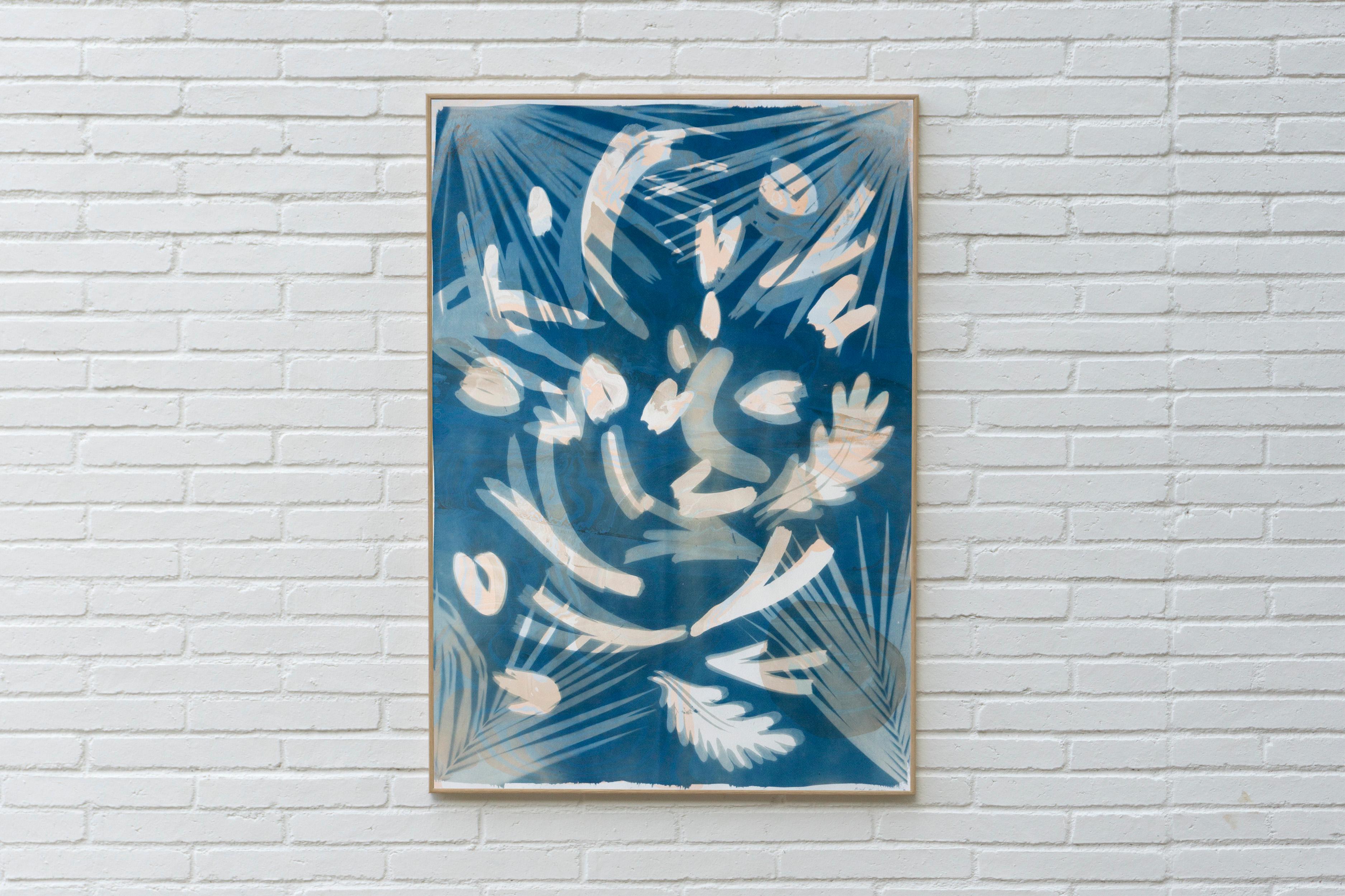 Tropical Leaves Cyanotype, Botanical Mixed Media, Marbling Layer, Blue, Beige - Painting by Kind of Cyan