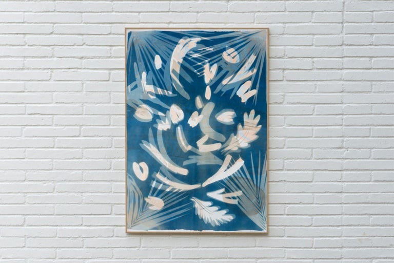 Tropical Leaves Cyanotype, Botanical Mixed Media, Marbling Layer, Blue, Beige - Painting by Kind of Cyan