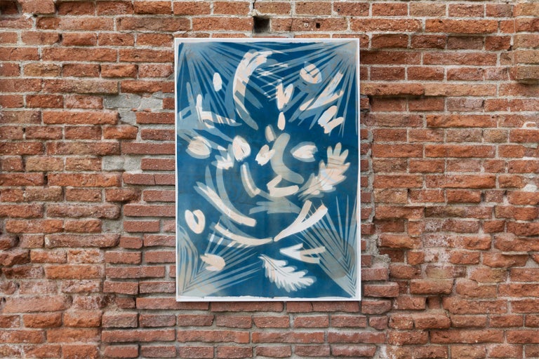 Tropical Leaves Cyanotype, Botanical Mixed Media, Marbling Layer, Blue, Beige - Art Deco Painting by Kind of Cyan