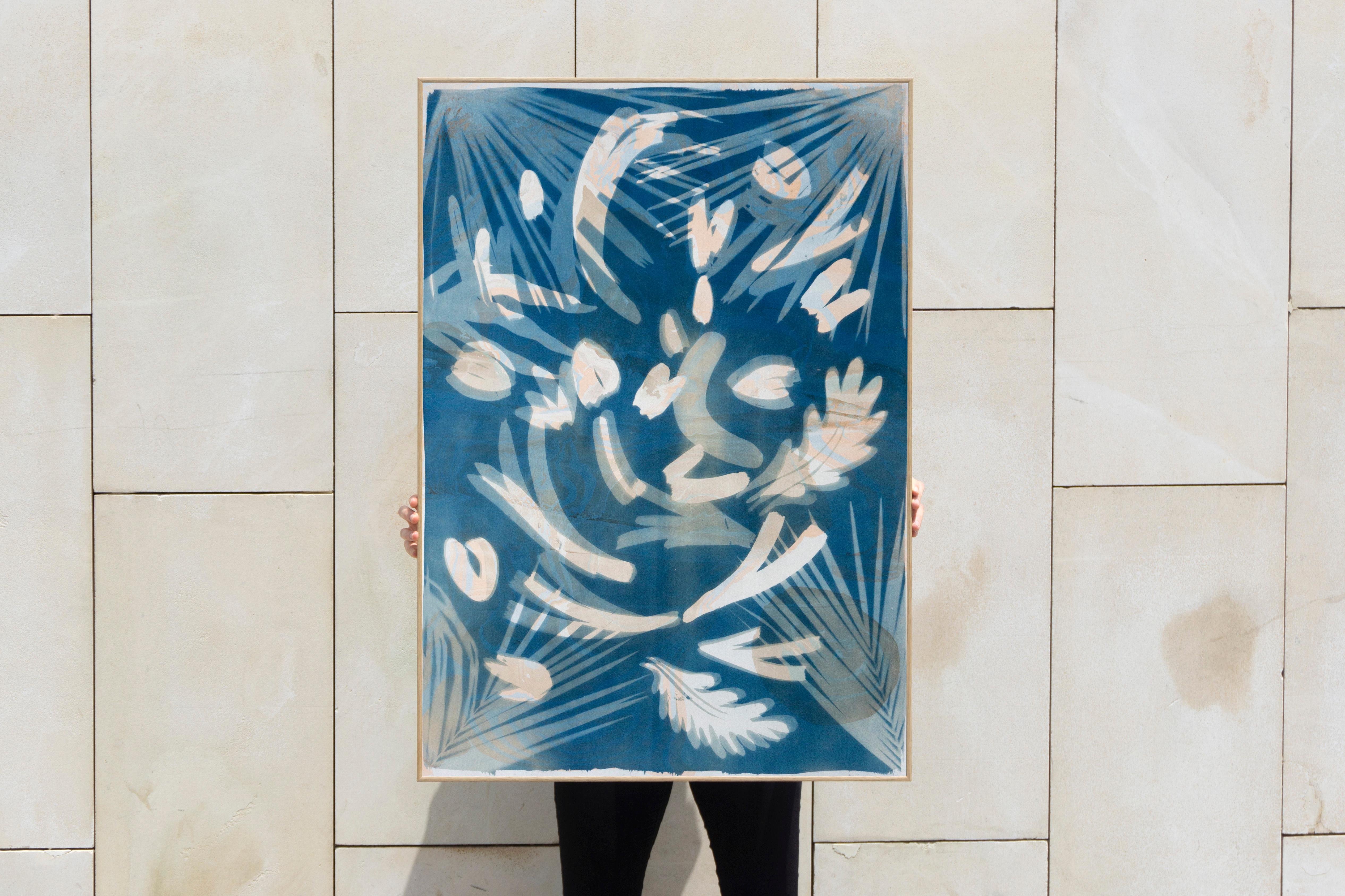 Tropical Leaves Cyanotype, Botanical Mixed Media, Marbling Layer, Blue, Beige 1