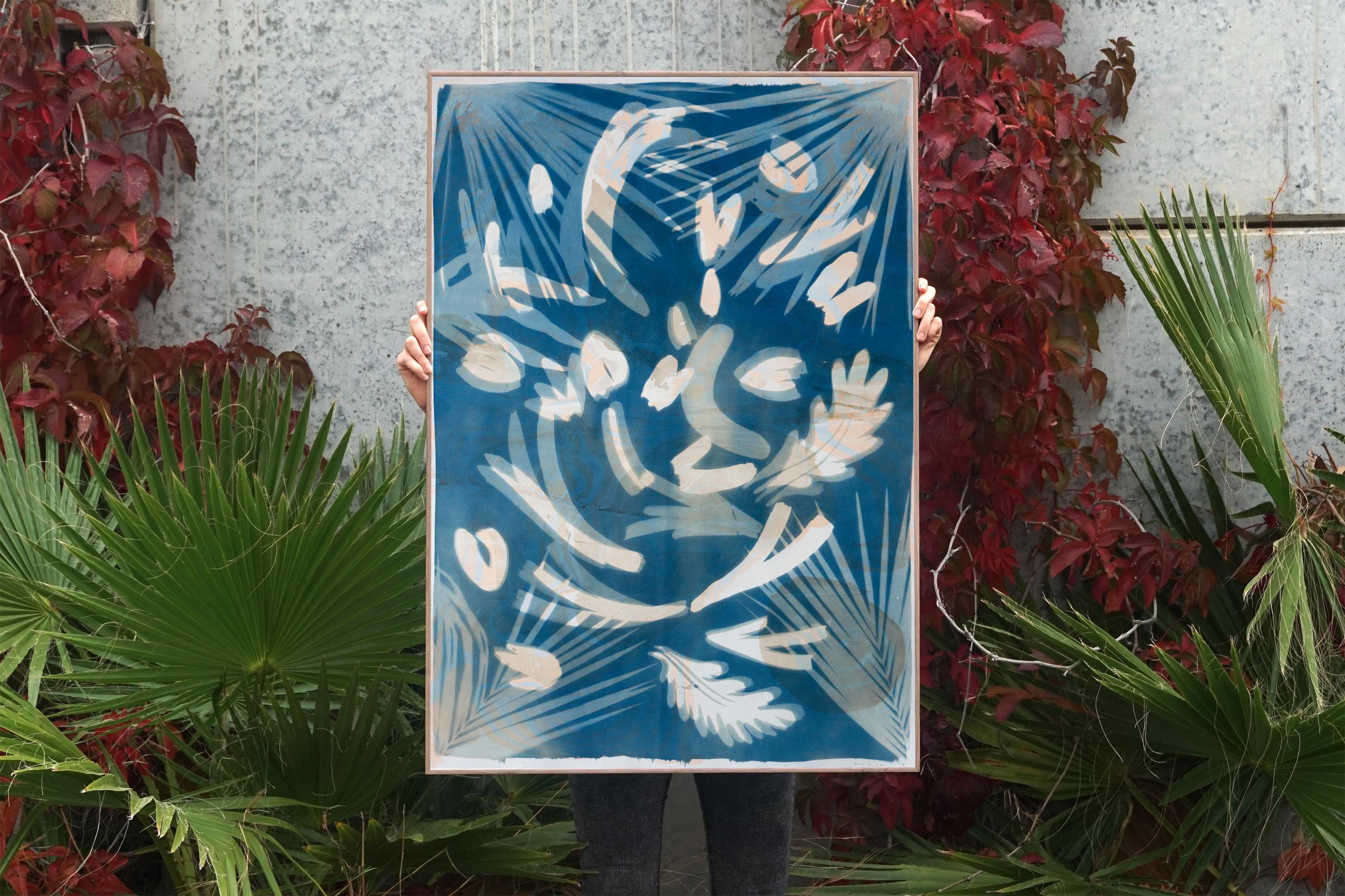 This is a contemporary botanical cyanotype print made using natural sunlight. The technique is combined with a Suminagashi marbling (a traditional japanese technique), that was previously coated on the watercolor paper. It is handmade and