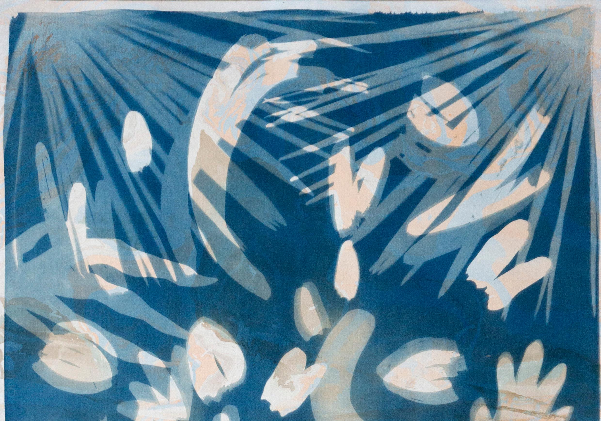 Tropical Leaves Cyanotype, Botanical Mixed Media, Marbling Layer, Blue, Beige - Art Deco Painting by Kind of Cyan