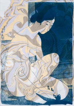 Marbre de cyanotype japonais inspiré de Hashiguchi Goyo dans des tons subtils, Ukiyo-e 