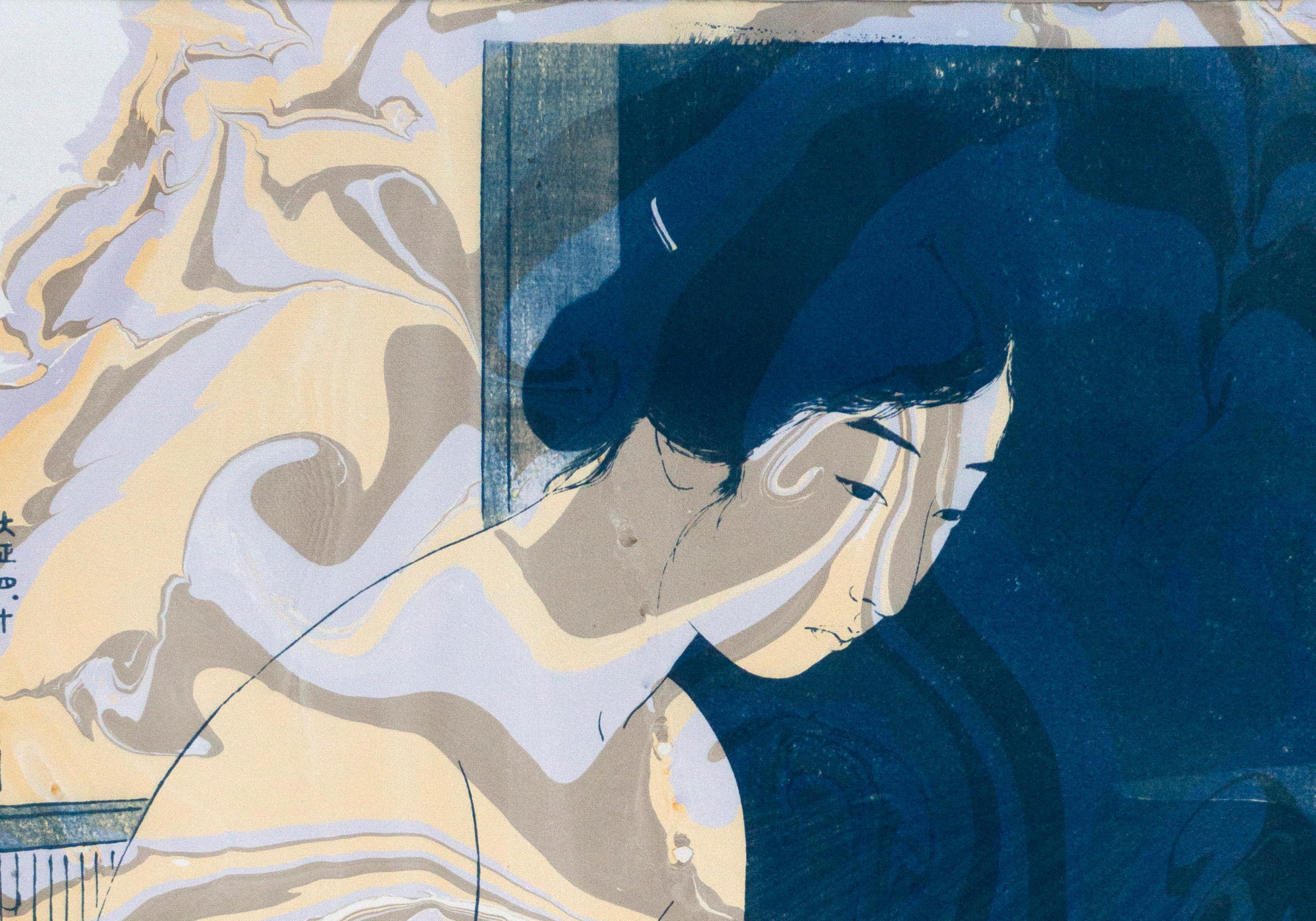 Hashiguchi Goyo Inspired Japanese Cyanotype Marbling in Subtle Tones, Ukiyo-e  - Gray Nude Print by Kind of Cyan