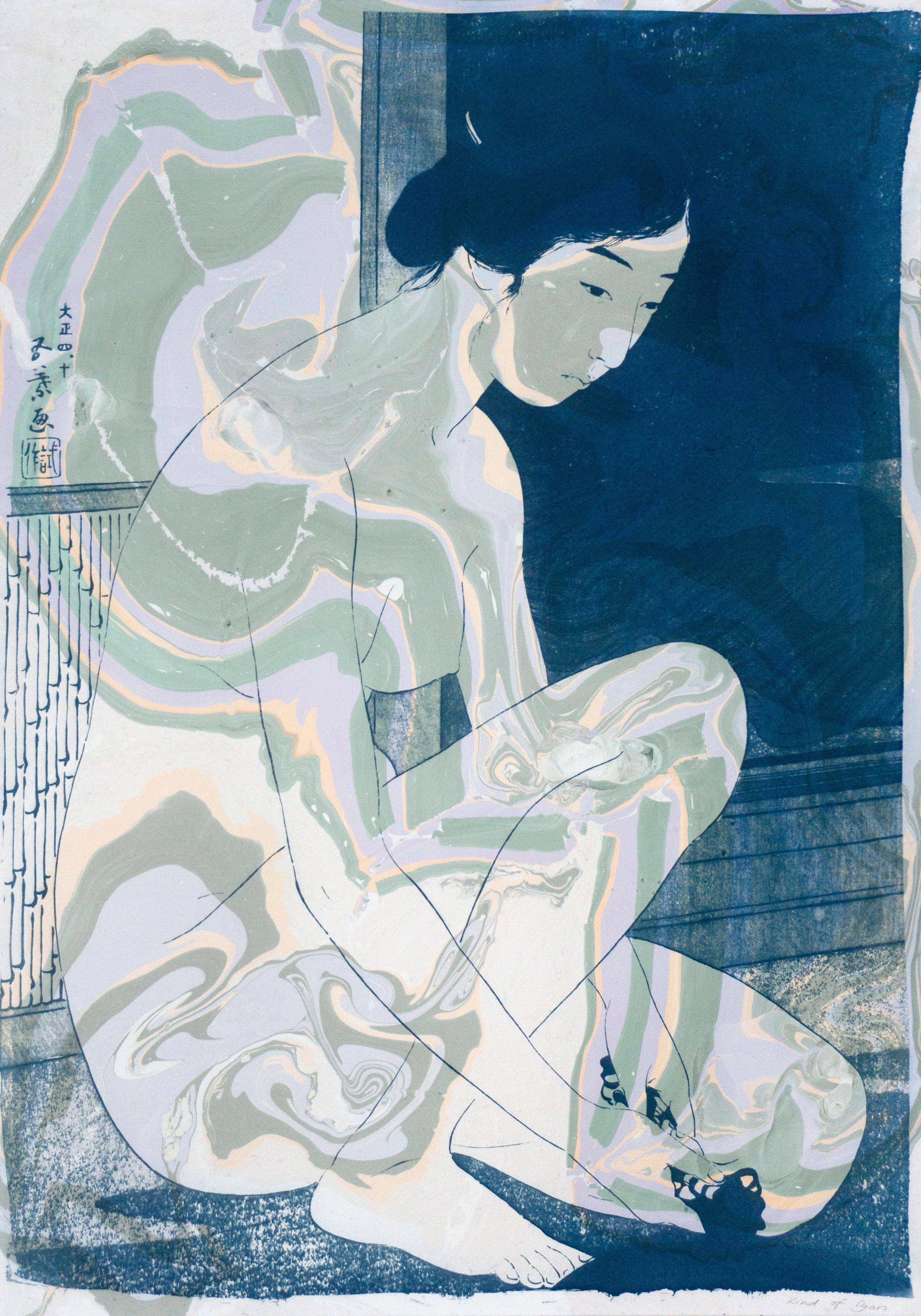 Hashiguchi Goyo Inspired Ukiyo-e, Nude Cyanotype Print on Marbling, Green, Mauve - Art by Kind of Cyan