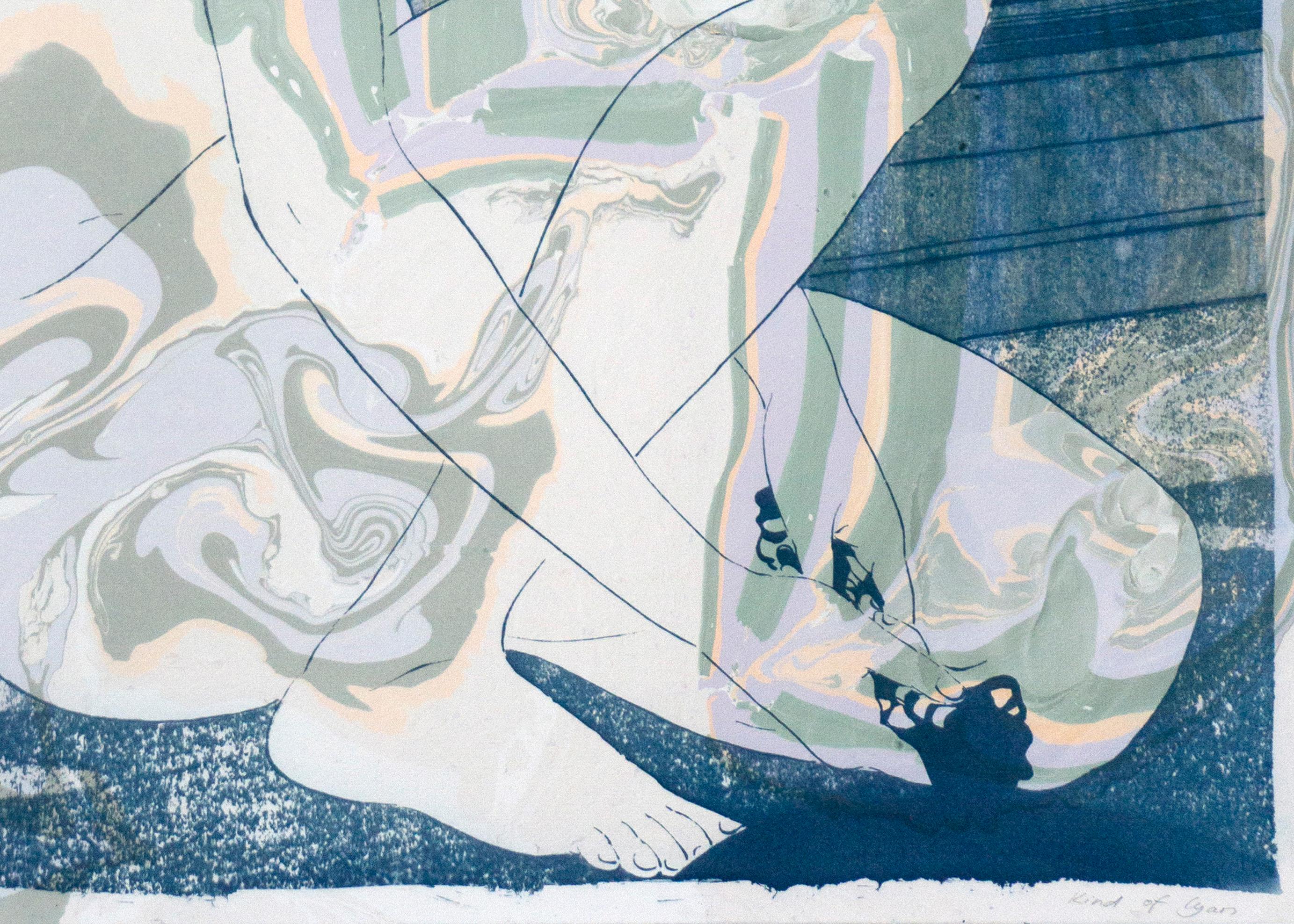 Hashiguchi Goyo Inspired Ukiyo-e, Nude Cyanotype Print on Marbling, Green, Mauve 1