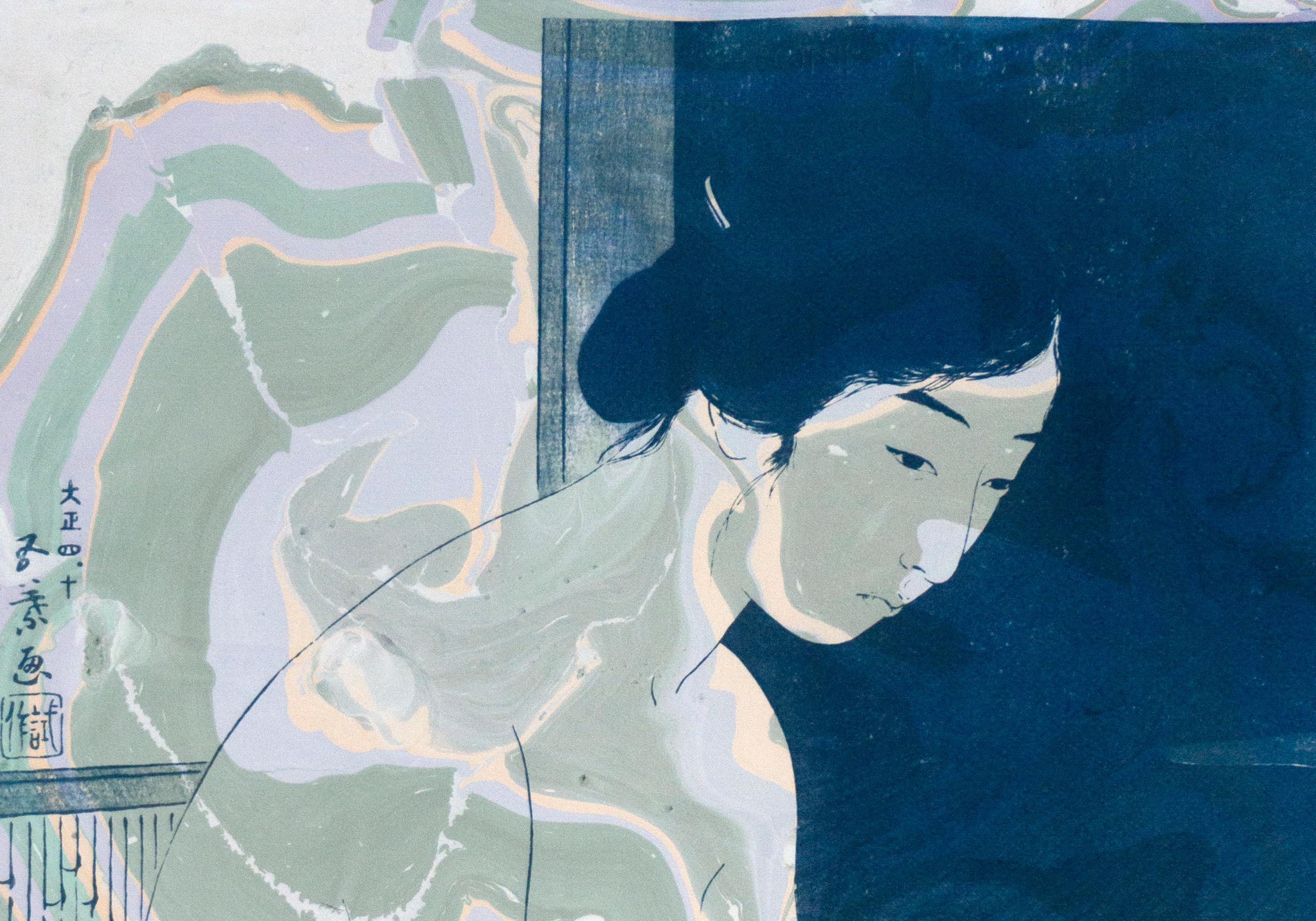 Hashiguchi Goyo Inspired Ukiyo-e, Nude Cyanotype Print on Marbling, Green, Mauve 2