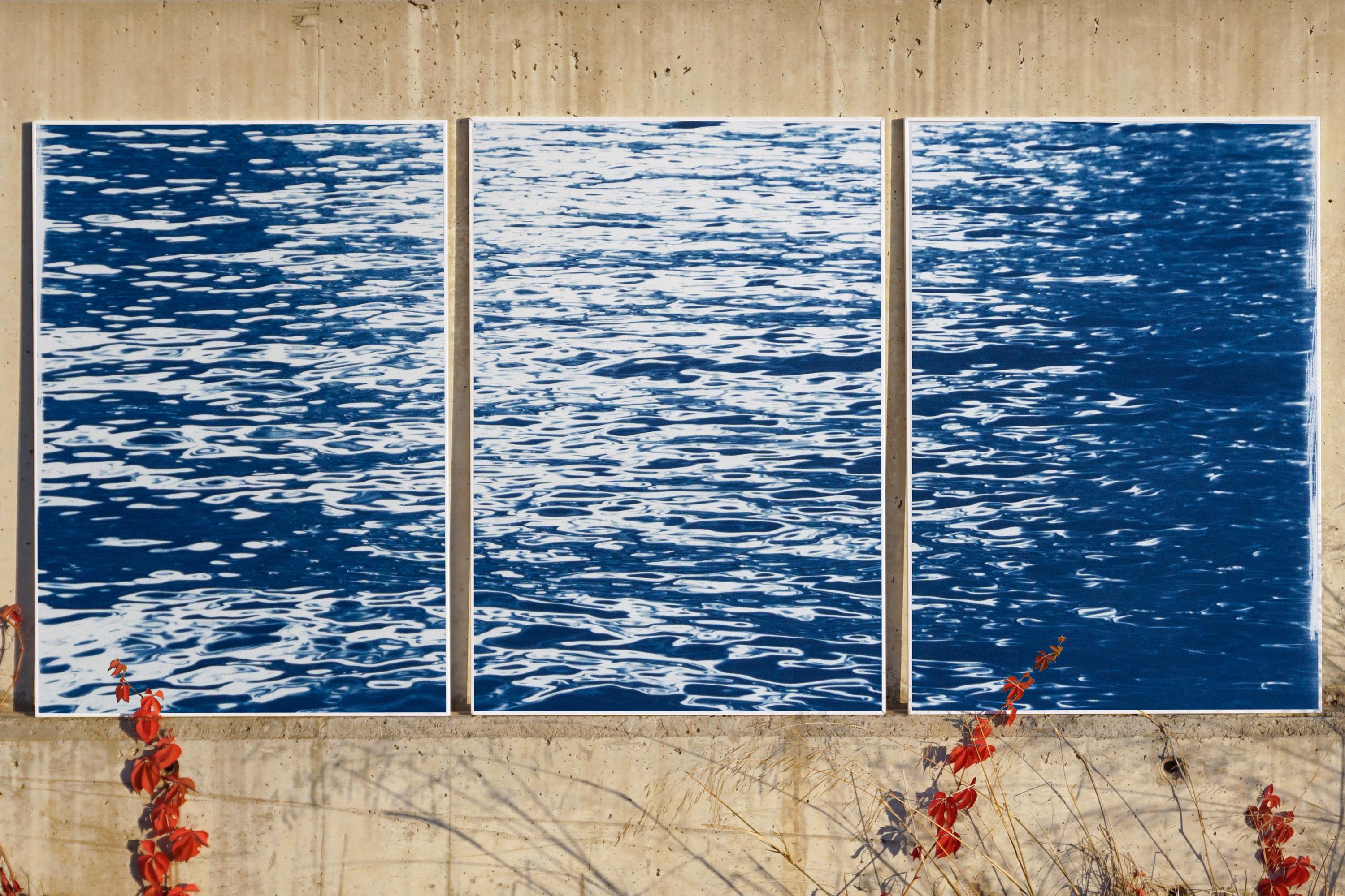 Moonlight Ripples over Lake Como, Nautical Cyanotype Triptych of Moving Water - Photograph by Kind of Cyan