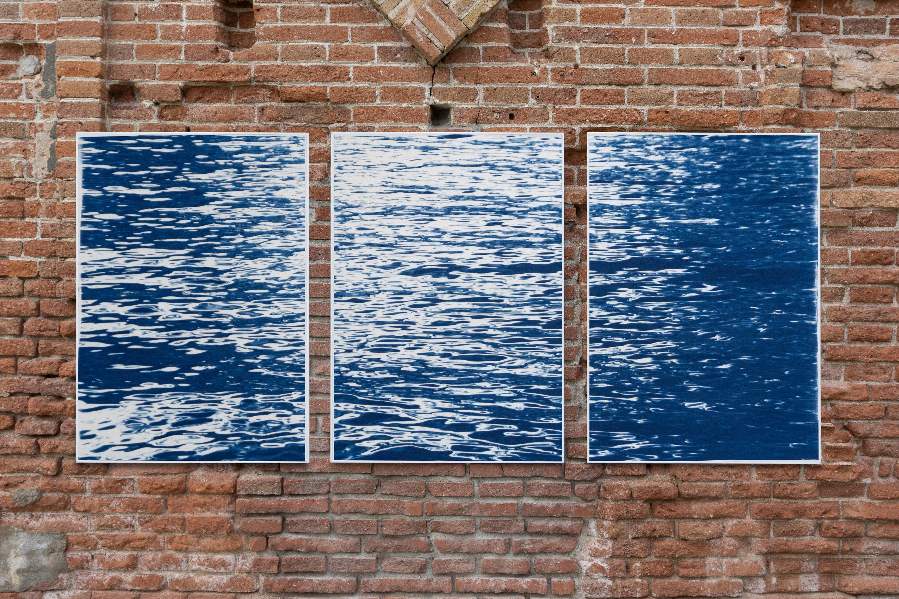 Moonlight Ripples over Lake Como, Nautical Cyanotype Triptych of Moving Water 4