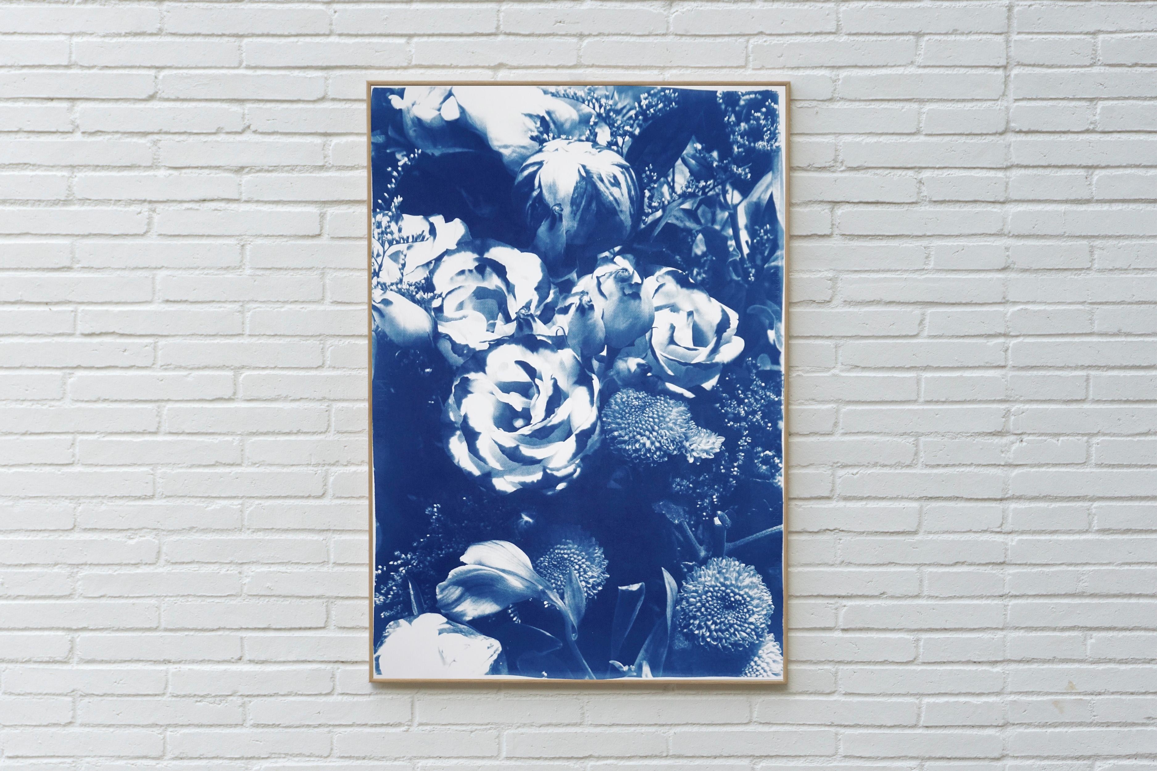 Botanical Cyanotype of Blue Flower Bouquet, Natural Roses on Watercolor Paper - Art by Kind of Cyan