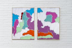 Color Pastel Landscape, Abstract Diptych in Watercolor Paper, Pink, Green, White