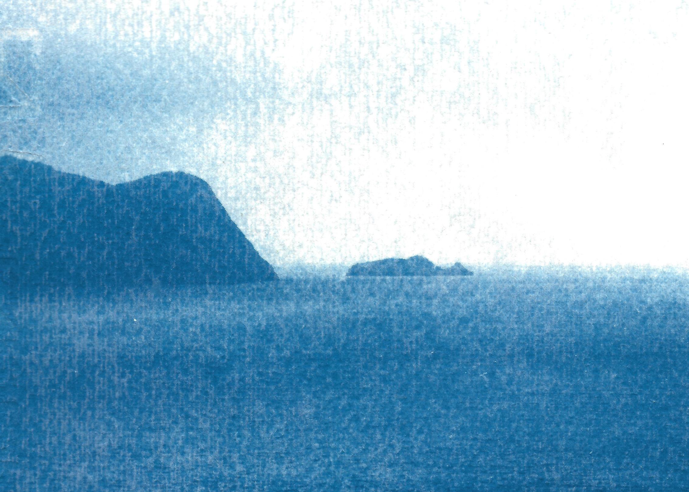 Sailboat Journey, Nautical Cyanotype Print on Watercolor Paper, Indigo Seascape - Blue Landscape Art by Kind of Cyan