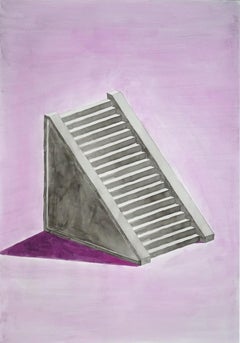 Lilac Mayan Staircase, Minimal Architecture Watercolor on Paper, Gray 100x70 cm 