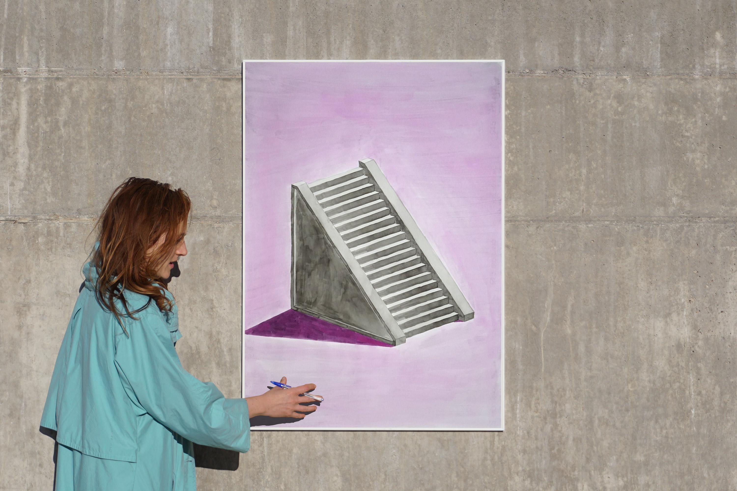 Lilac Mayan Staircase, Minimal Architecture Watercolor on Paper, Gray 100x70 cm  - Art by Ryan Rivadeneyra