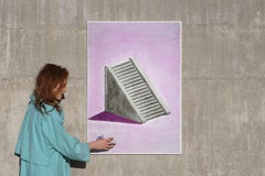 Lilac Mayan Staircase, Minimal Architecture Watercolor on Paper, Gray 100x70 cm