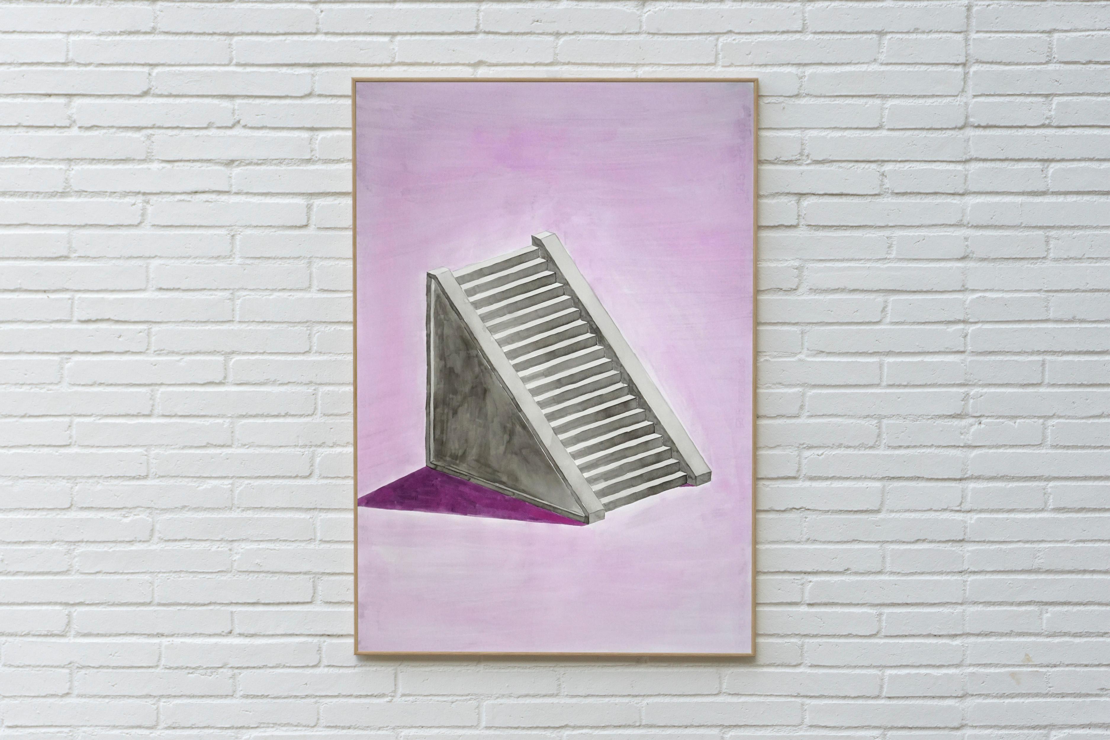 Lilac Mayan Staircase, Minimal Architecture Watercolor on Paper, Gray 100x70 cm  1