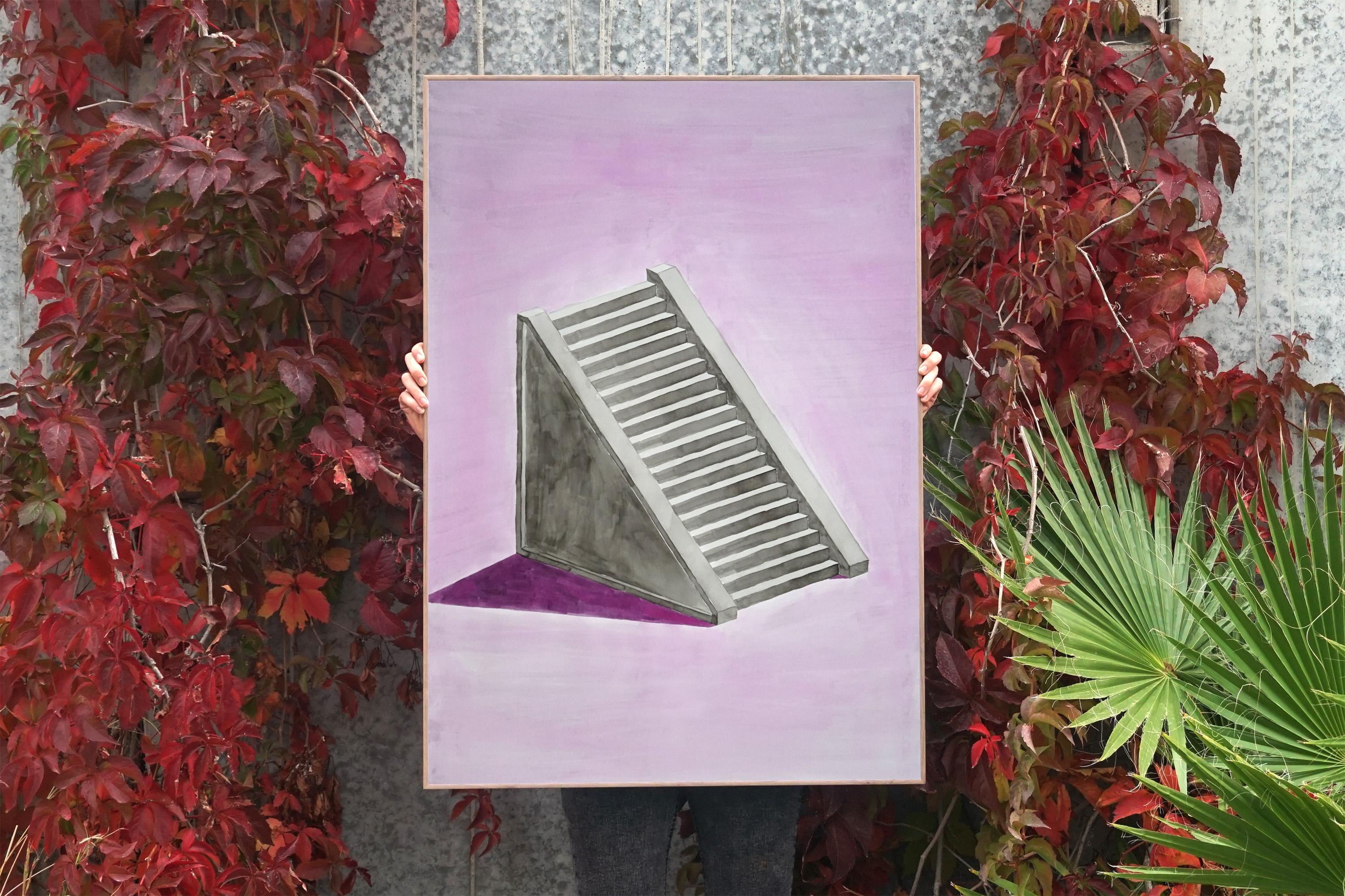 Lilac Mayan Staircase, Minimal Architecture Watercolor on Paper, Gray 100x70 cm  2