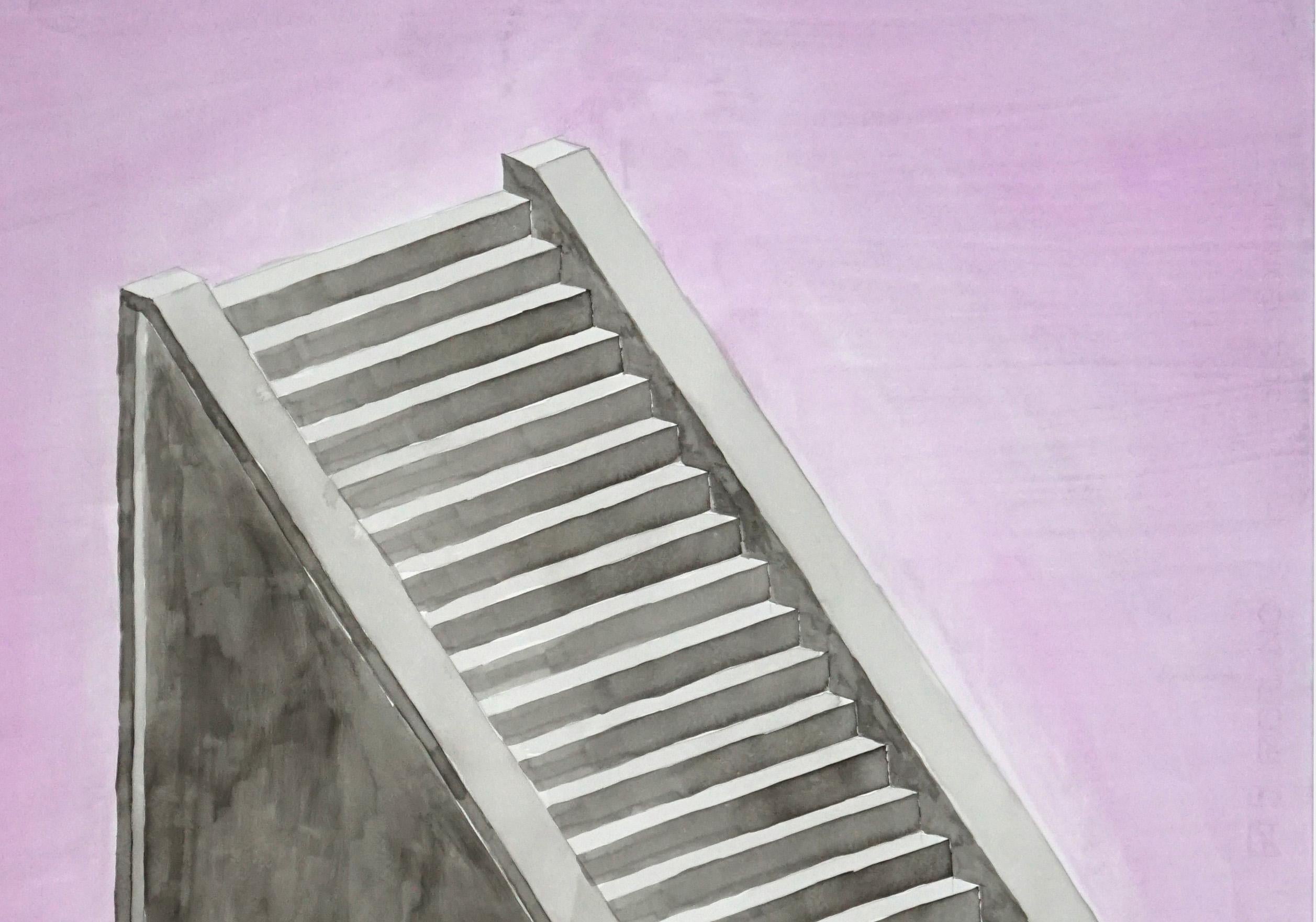 Lilac Mayan Staircase, Minimal Architecture Watercolor on Paper, Gray 100x70 cm  - Minimalist Art by Ryan Rivadeneyra