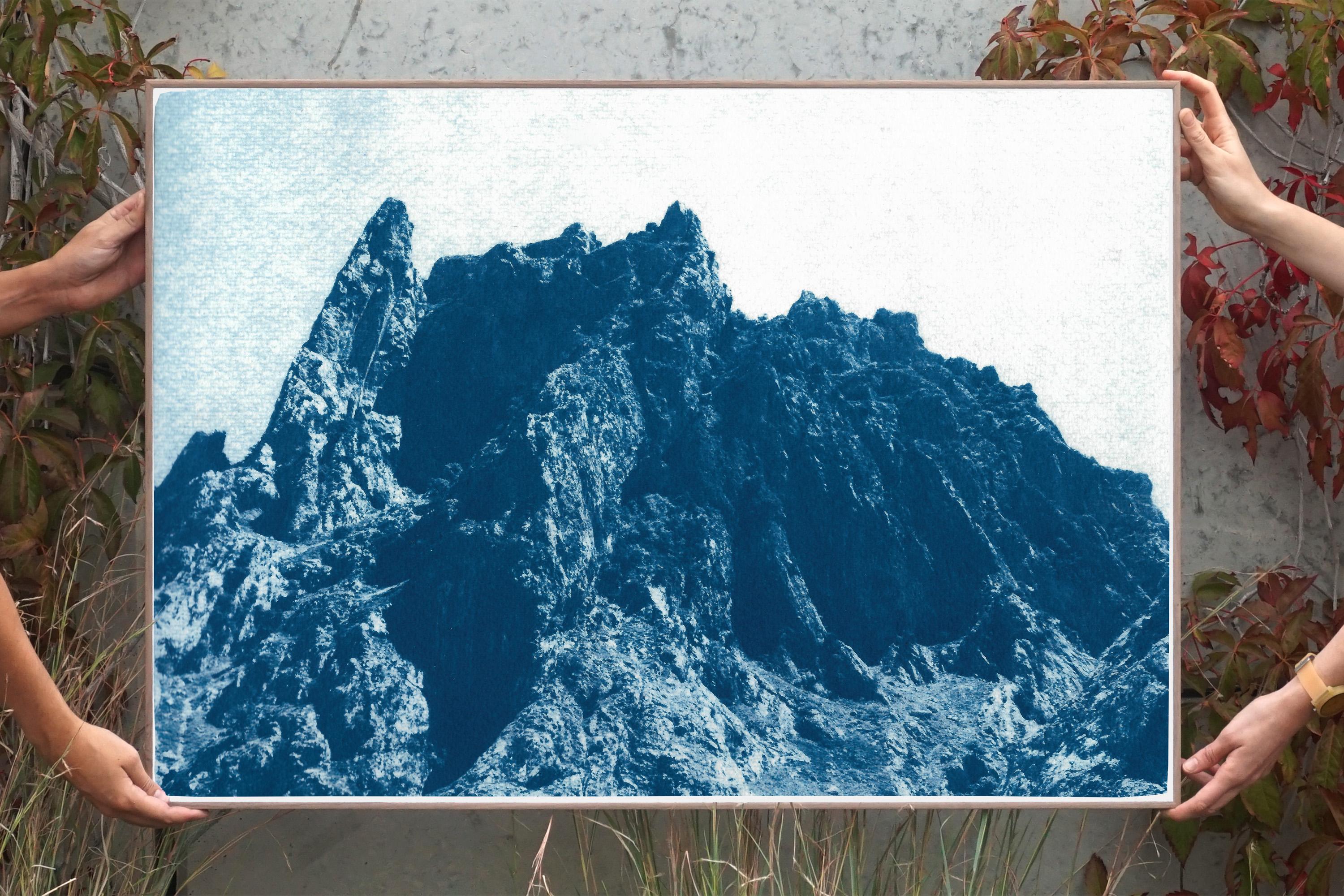 Rocky Desert Mountain in Blue, Detailed Cyanotype on Paper, Dreamlike Landscape - Photograph by Kind of Cyan