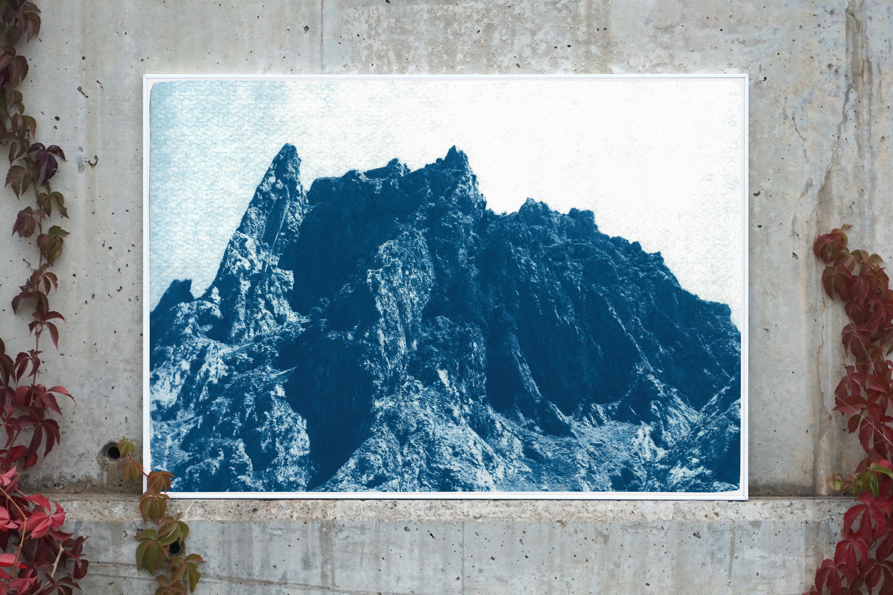 Rocky Desert Mountain in Blue, Detailed Cyanotype on Paper, Dreamlike Landscape - Photorealist Photograph by Kind of Cyan