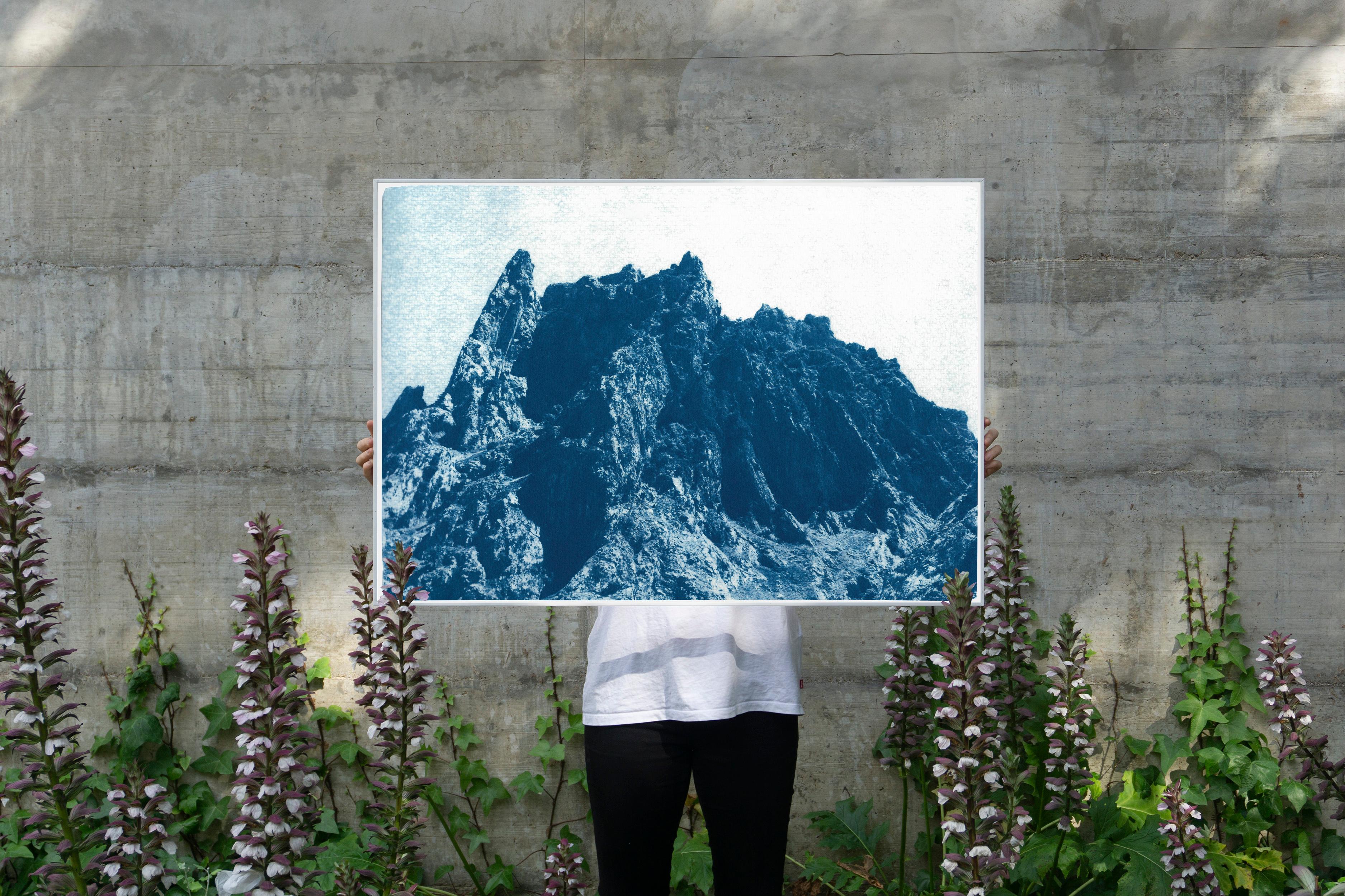 Rocky Desert Mountain in Blue, Detailed Cyanotype on Paper, Dreamlike Landscape 1